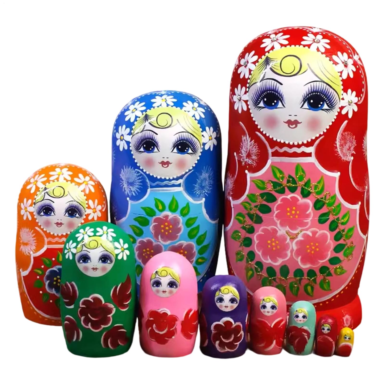 Generisch Matroschkas Puppen Set aus Holz, 10-teilig handbemalt und lackiert, traditionelle russische Schachtelpuppen als Souvenir, Dekoration und Stapelspielzeug für Kinder undSammler