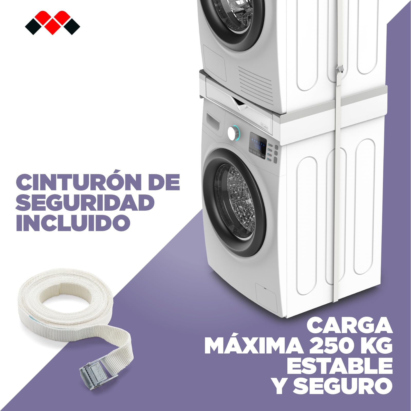 Meliconi Torre Duo, Kit Apilamiento Lavadora Secadora 2 en 1 | Premontado, con Estante de Apoyo y Compartimento de Almacenamiento, Cinta de Seguridad, Capacidad 250kg, Made in Italy, Negro