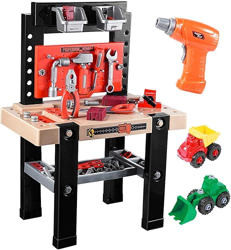 iBaseToy Juego de herramientas para niños 45 piezas de herramientas para niños pequeños con caja de herramientas y taladro de juguete electrónico,