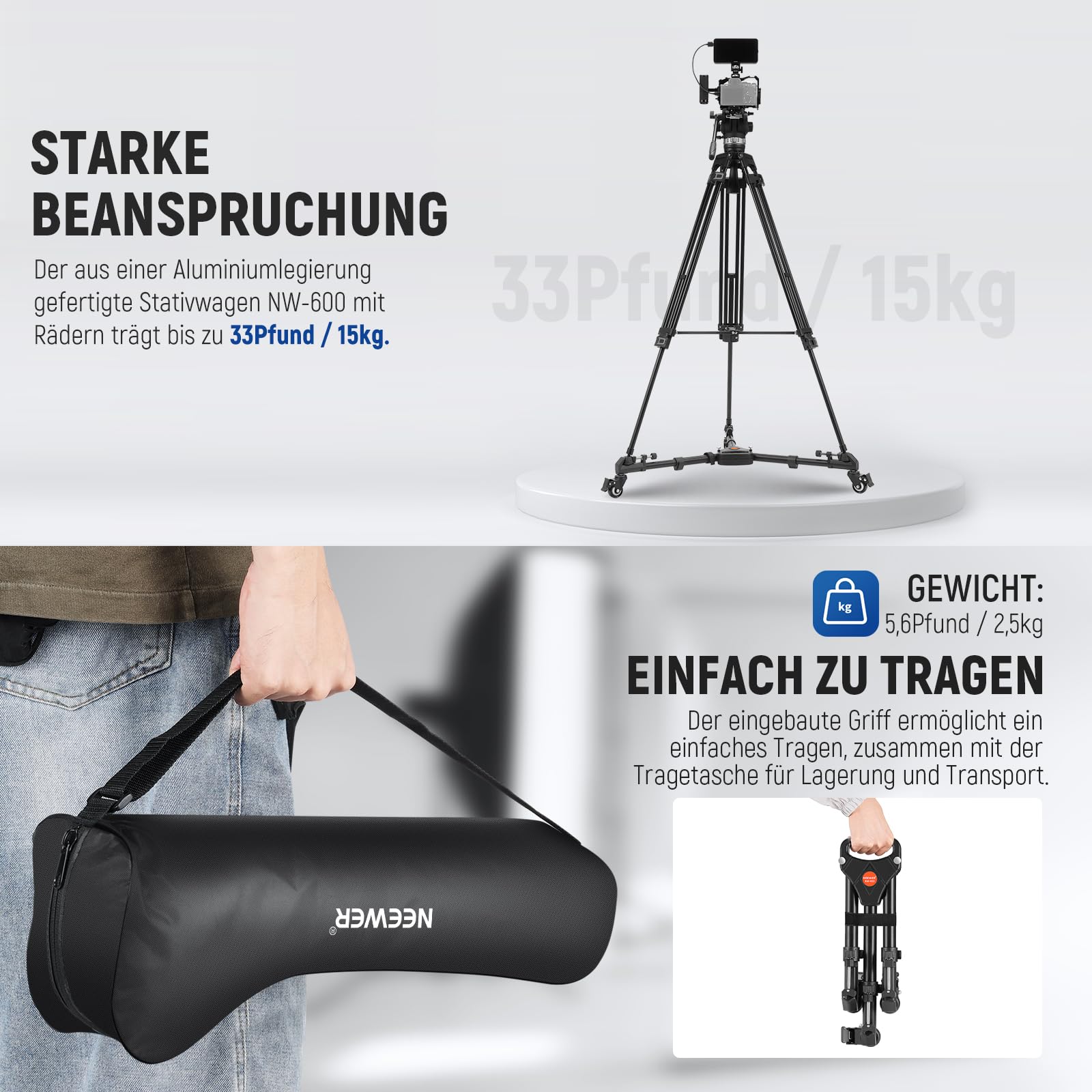 Neewer Fotografie Professionell Schwerlast-Stativ Dolly mit Gummi-Räder und verstellbaren Beinbefestigungen für Canon Nikon Sony DSLR-Kameras Camcorder Foto Videobeleuchtung – Bild 5