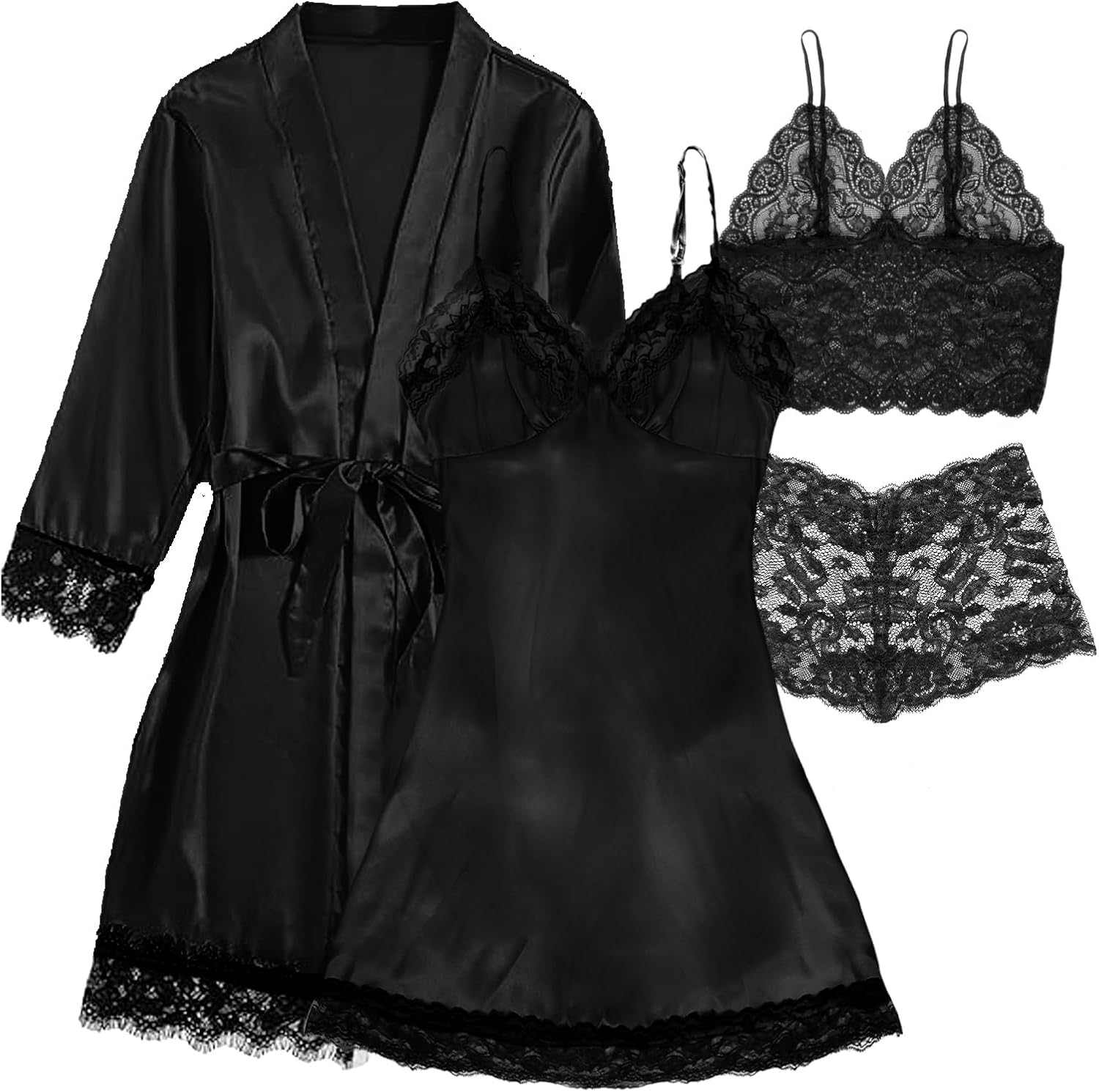 Hellomamma Women’s Silk Pajama Set: 4-Piece Satin Robe Lingerie Sexy Sleepwear Lounge Set for Brida Wife Girlfriend