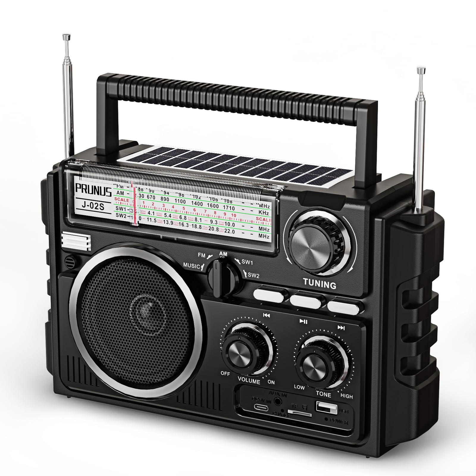 PRUNUS J-02 Radio Portatile Solare FM/AM/SW, Radio Bluetooth Ricaricabile con Batteria 1800 mAh o Pile D, Radiolina a Transistor a Doppia Antenna, Supporta TF/USB, per Casa, Campeggio e Emergenza.