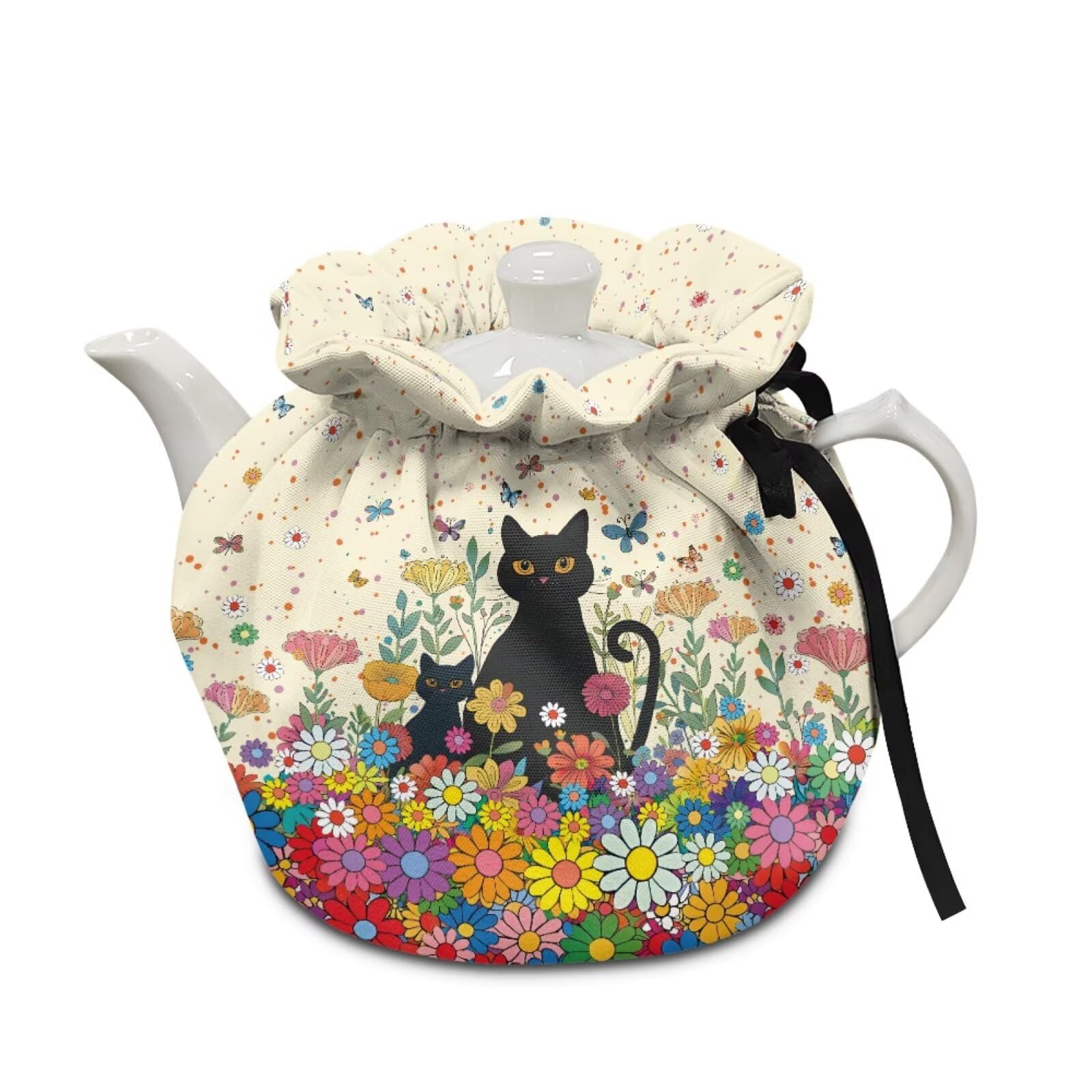 Xoenoiee Black Cat Butterfly Tea Cozy Hippie Flower Print Tea Cosy for Teapots Keep Warm Teapot Cover Insulated Kettle Cover for Home Kitchen Table Decor