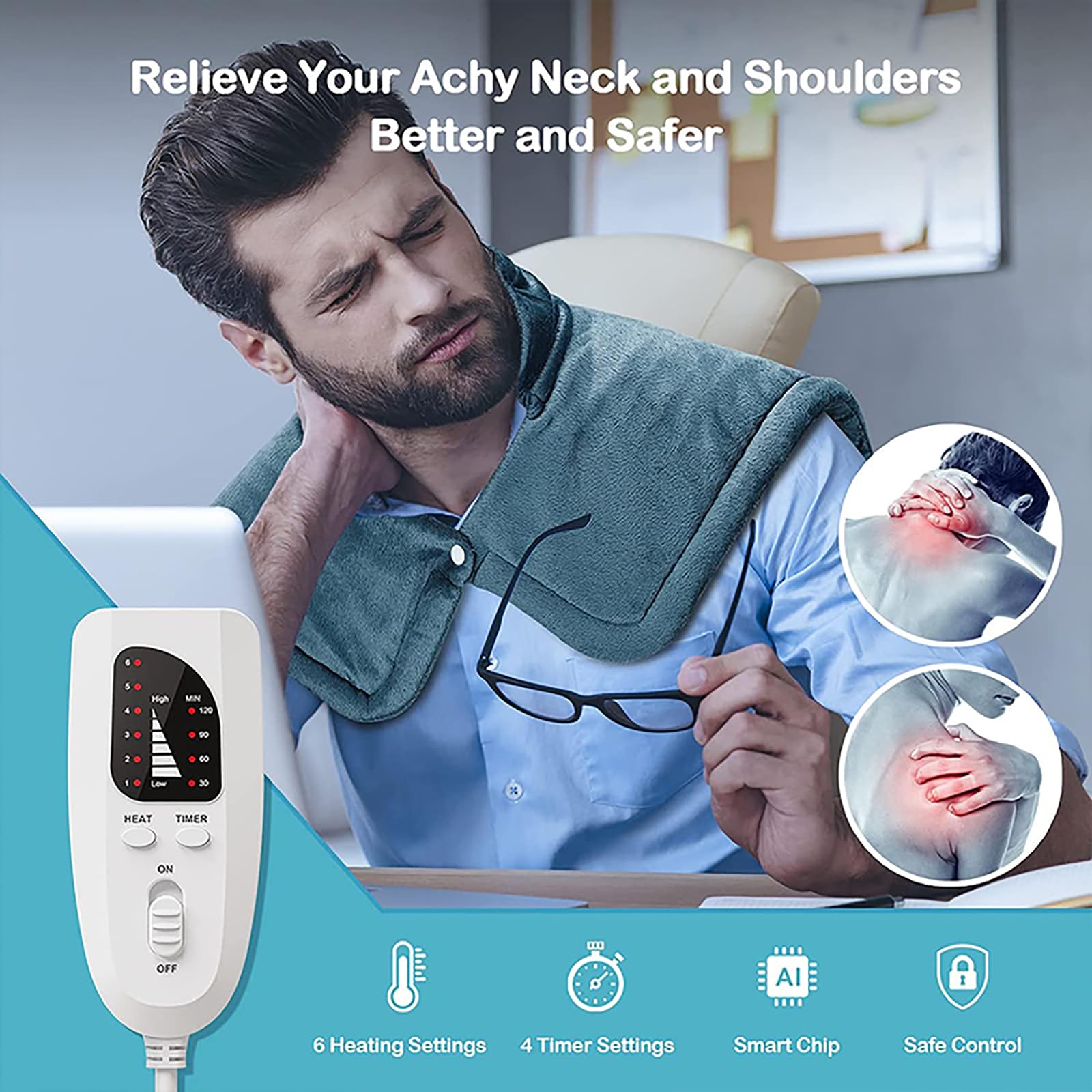 Cuscino Termico per Collo E Spalle, Fascia per Il Collo Riscaldata Elettricamente per Alleviare Il Dolore, Impostazione della Temperatura a 6 Livelli E Timer a 4 Livelli, Tessuto Morbido