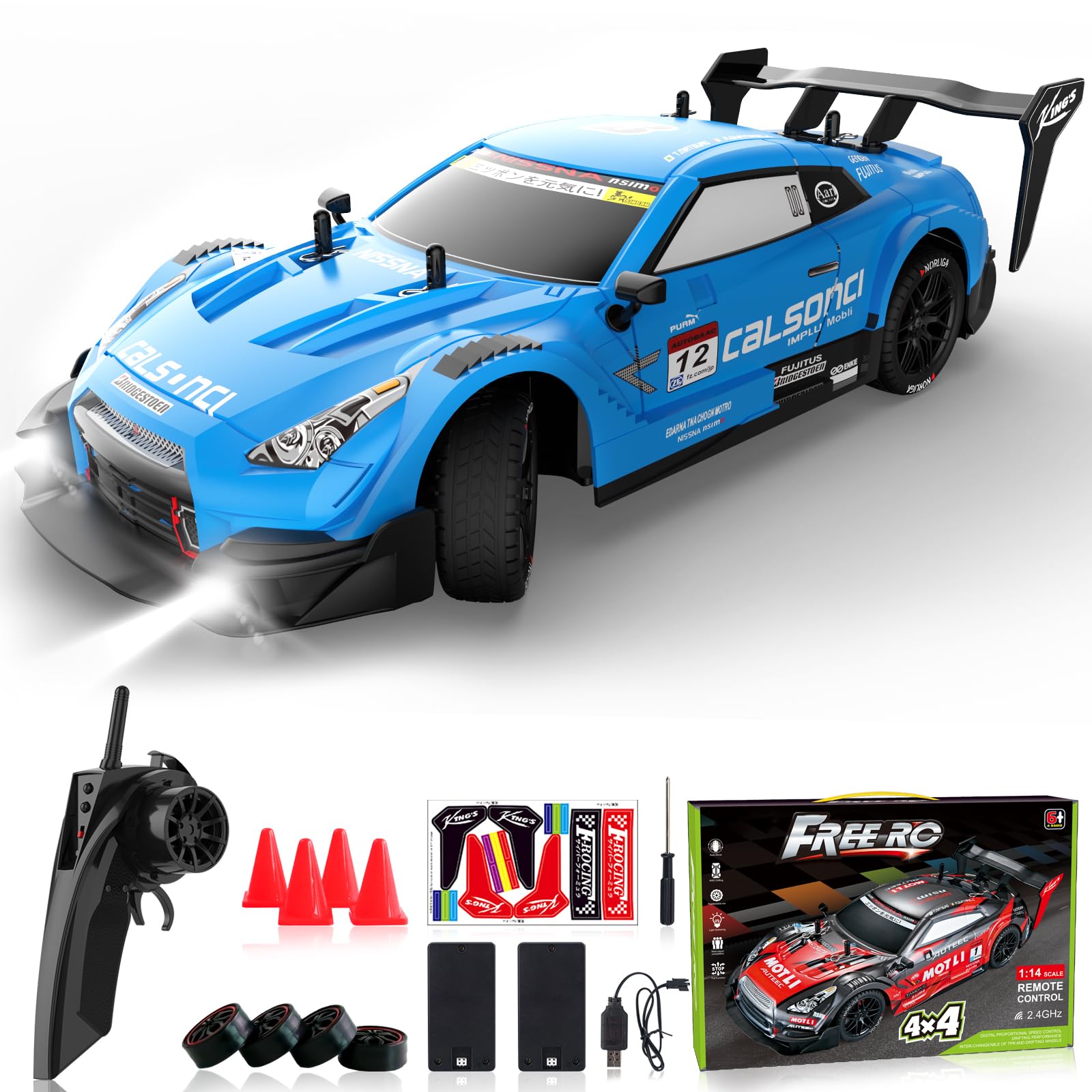 LFOLUSURemote Control Car RC Drift Car 1:16 Scale 4WD RC Car with LED Lights 2.4GHz 30km/h RTR High Speed Racing Sport Toy Car for Adults Boys Girls Kids Gift 2Pcs Rechargeable Battery