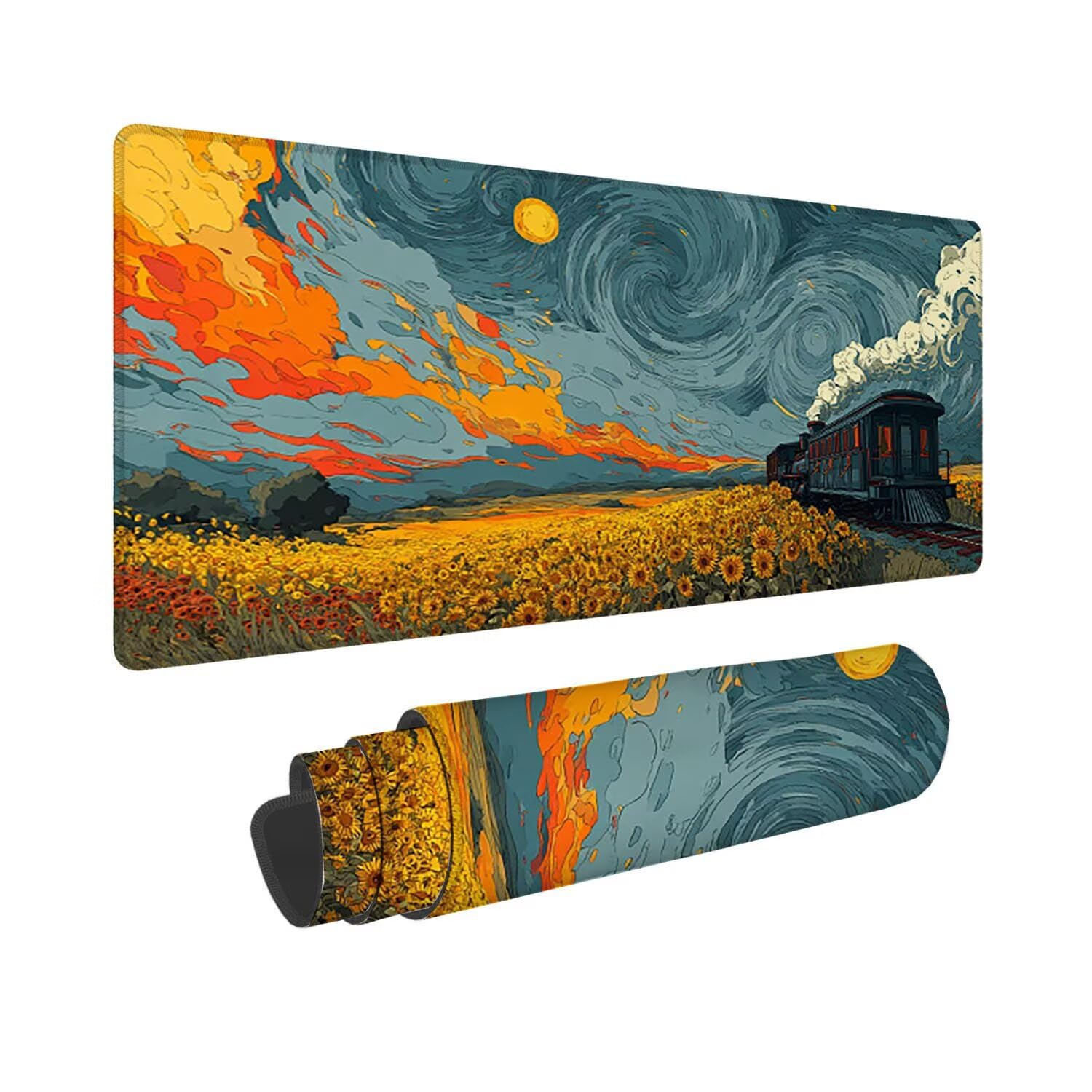 Tapis de Souris Gaming XXL (1200x600mm) - Grand Tapis Bureau Antidérapant Étanche Bords Cousus Caoutchouc Naturel pour Gamer PC Portable Bureau - Précision Vitesse Confort Le Train Sunflower G-842