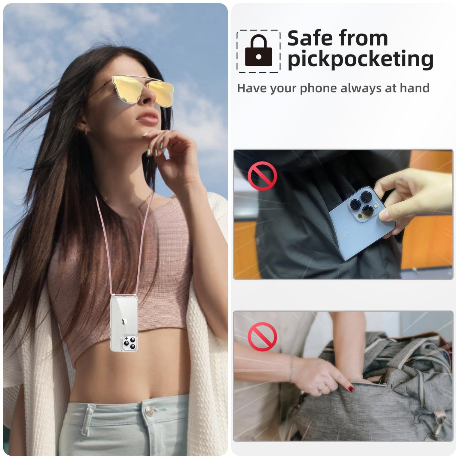 Custodia Per IPhone 16 Pro Con Cordino - Trasparente, Antiurto, Con Laccio Regolabile 150 Cm, Colore Nero