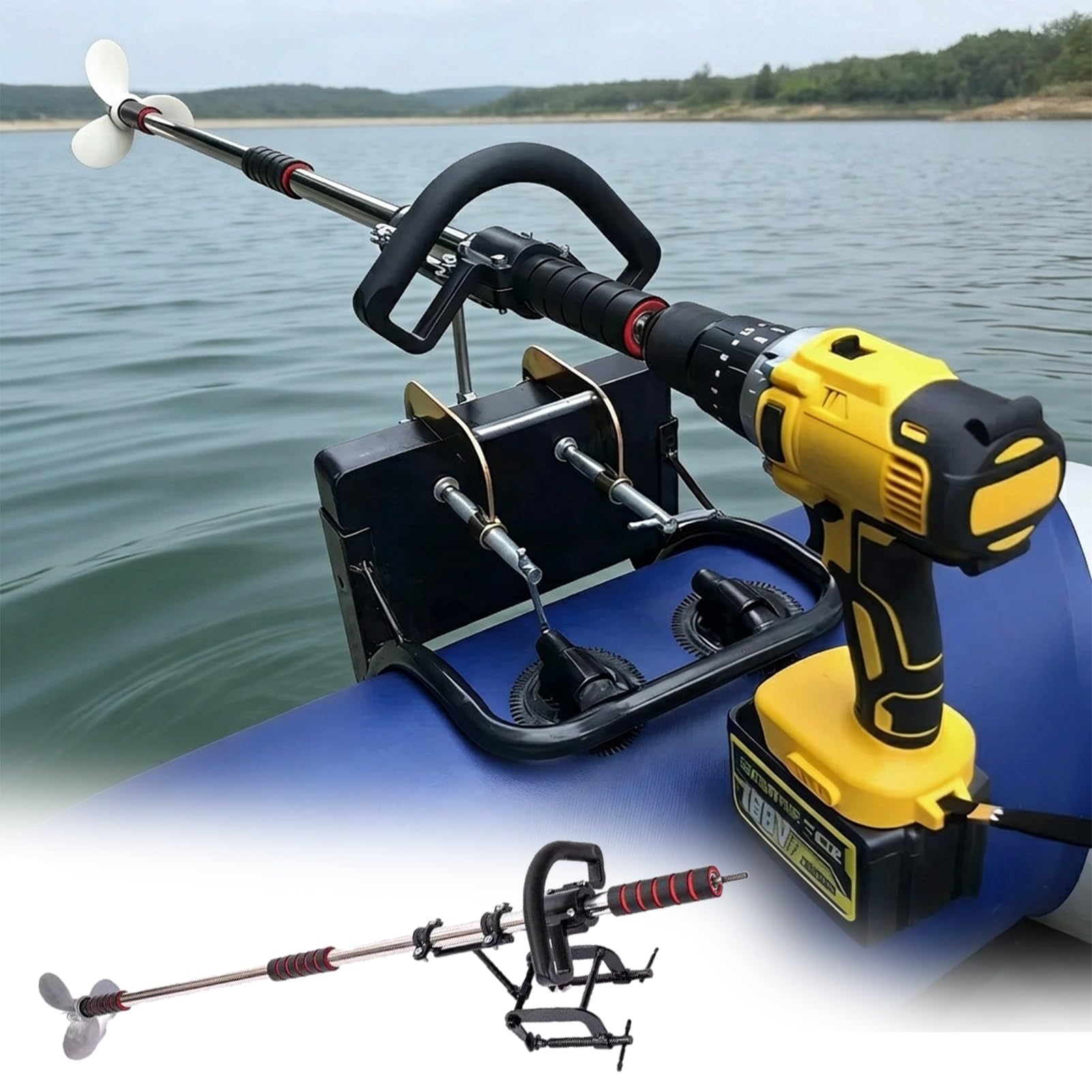 Hélice orientable accionada por Taladro para Kayak Pequeño Motor Fueraborda | Kit de propulsión para Kayak para Lagos y estanques, Incluye Soporte