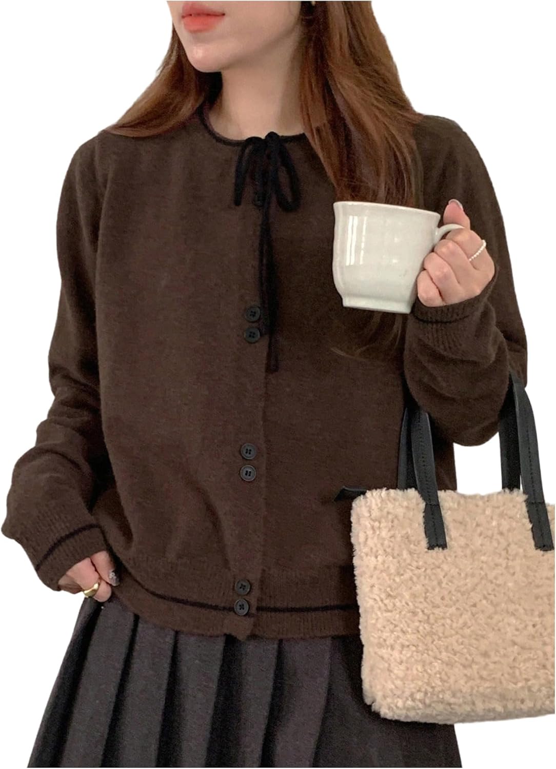 GORGLITTER Women's Bow Button Up Fall Short Cardigan Sweater Dressy Trendy Cute Long Sleeve Cable Knit Light Sweater Top