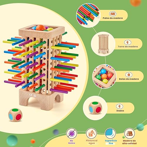 Miniatura 5 de Montessori - Juego de mesa de madera, 42 coloridos palos de madera, juego de dados de matemáticas, juguetes educativos para 3, 4, 5, 6 años,