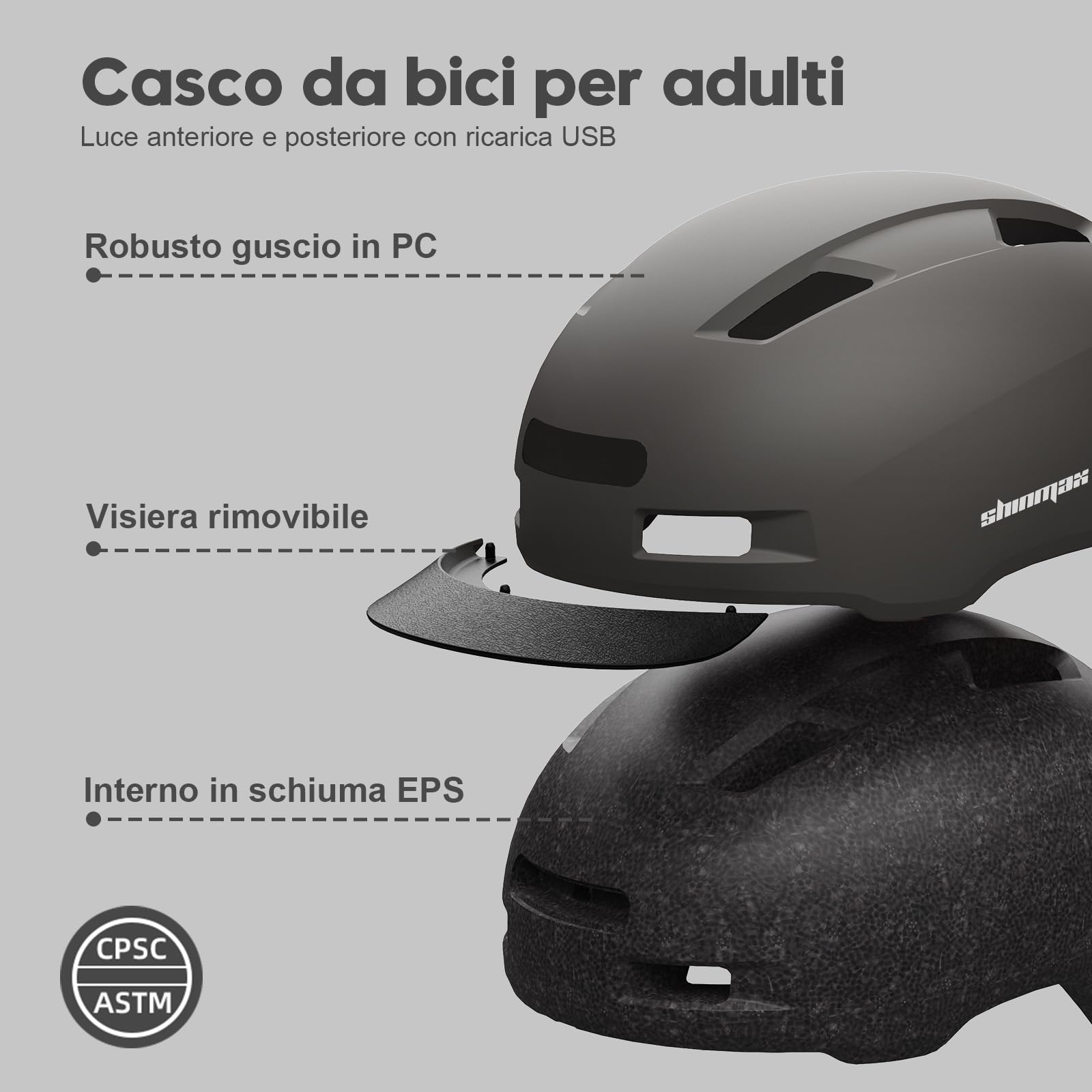 Shinmax Casco Bici Uomo e Donna,5 modalità di Luce e Visiera,USB ricaricabile,Casco Caschetto Bici Uomo per Pendolari Urbani