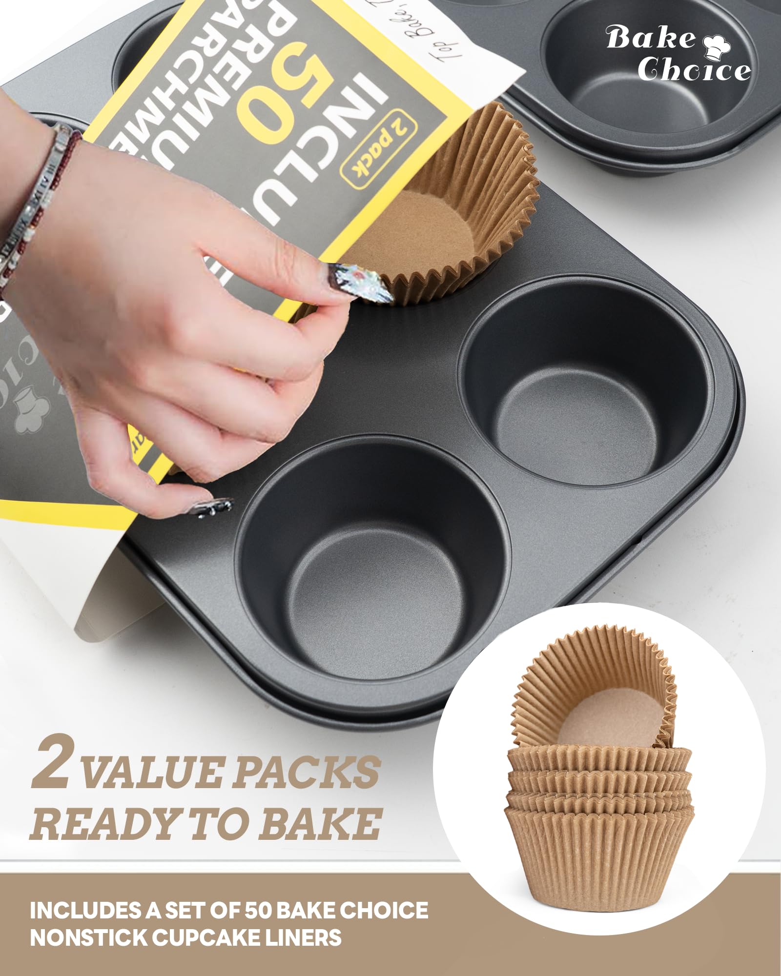 Paquete de 2 moldes para magdalenas jumbo para hornear, molde extra grande para cupcakes incluye 50 forros naturales para cupcakes, molde antiadherente para 6 tazas, juego de moldes para hornear 2
