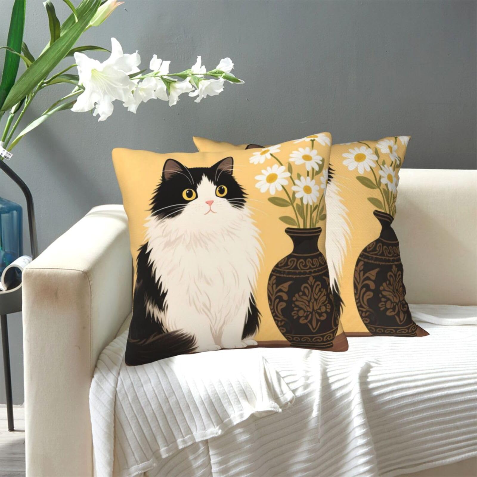 FekiLoot Decorative Throw Pillow Covers Modern Farmhouse Pillowcase Double Sided Cozy Cushion Cover for Sofa Couch Bed 18"X18" Antique Daisy Cat