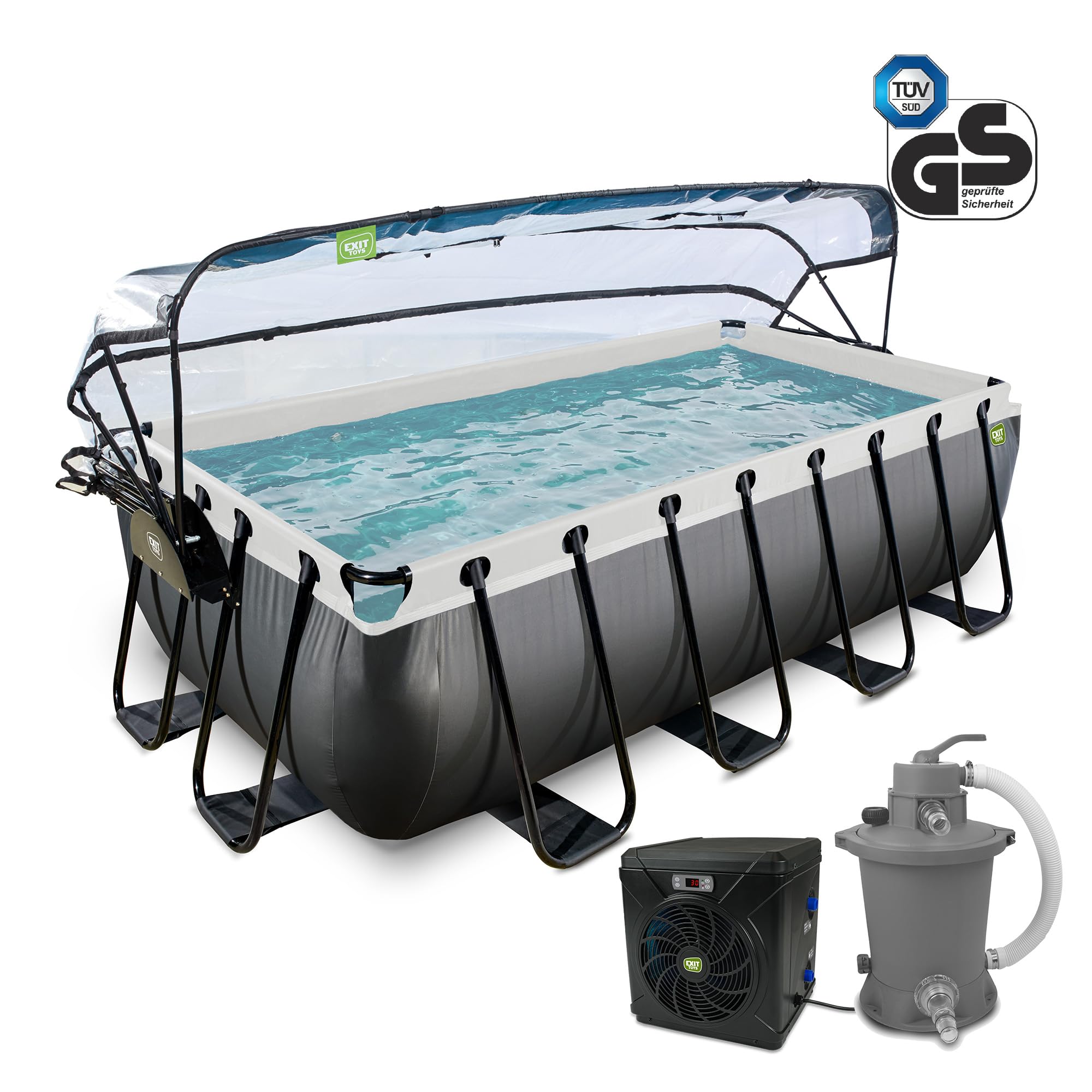 EXIT Toys Piscine Hors Sol Rectangulaire 400 x 200 x 100 cm avec Pompe à Chaleur – Piscine Tubulaire avec Dôme, Pompe à Filtre à Sable et Échelle – TÜV, CE, en 16582 – Black Leather – Noir