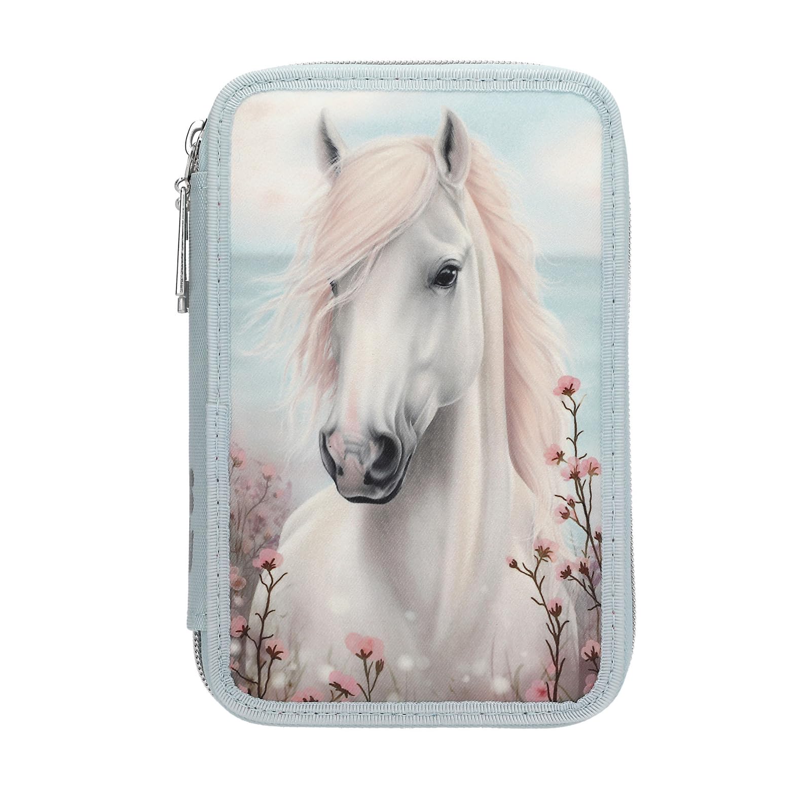 Depesche 13974 Miss Melody - Filled 2-Compartment Pencil Case in Light Blue with Horse Motif and Flowers, Pencil Case with Colouring Pencils, Scissors, Ruler and much more