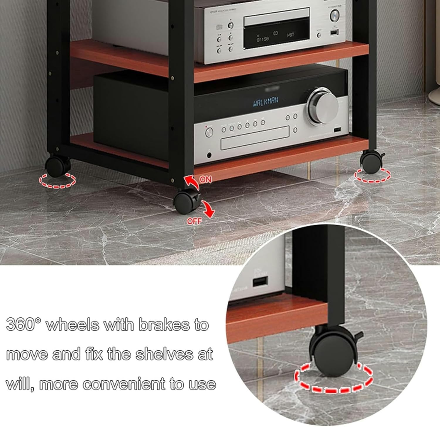2 Tier Movable Media Stand Amplifier Rack Player Stand Corner Audio Tower Stereo Component Cabinet with Storage Wooden Shelves and Steel Frame for Home Office Theater, Black