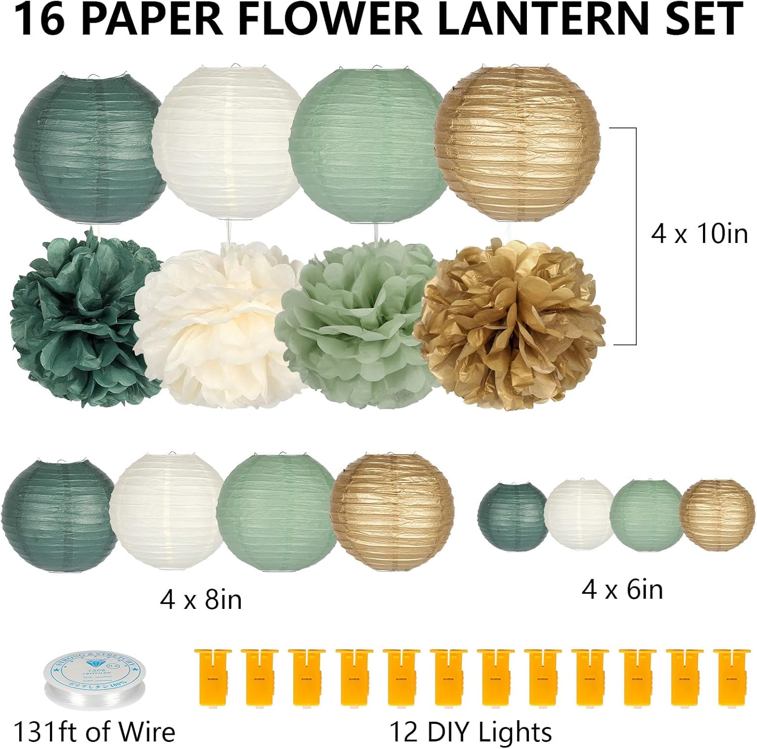 Paper Lanterns 16 Pack Party Decorations Wedding Sage Green Party Decor Chinese Style Bridal Shower Decorations with 12 LED Lights, Woodland Rustic Party Lanterns for Bridal, Birthday, Home Decor