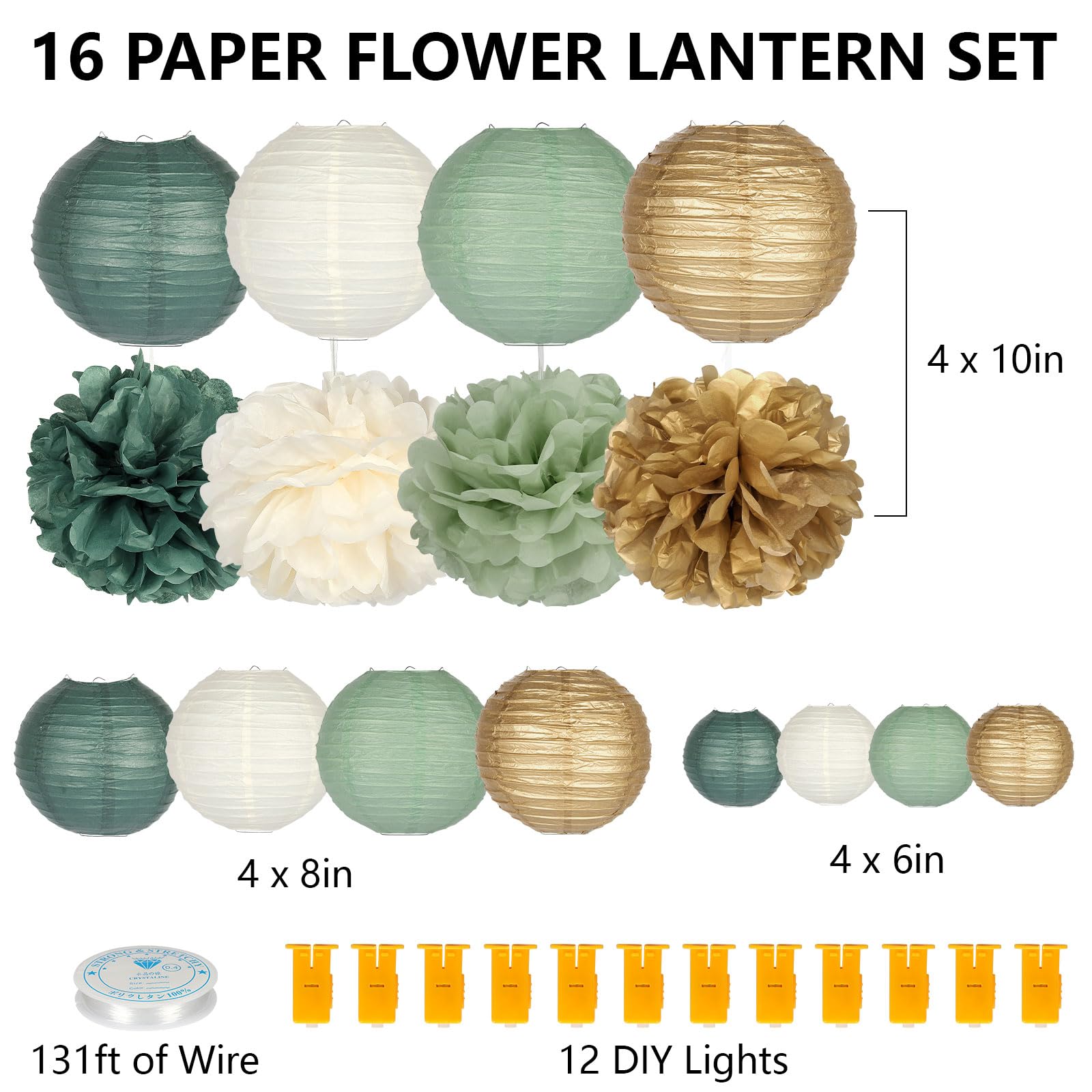 Bluaqua Paper Lanterns Party Decorations: Paper Lantern for Rustic Party Bridal Shower Wedding Sage Green Birthday Party Home Decor - 16pcs with12 LED Lights