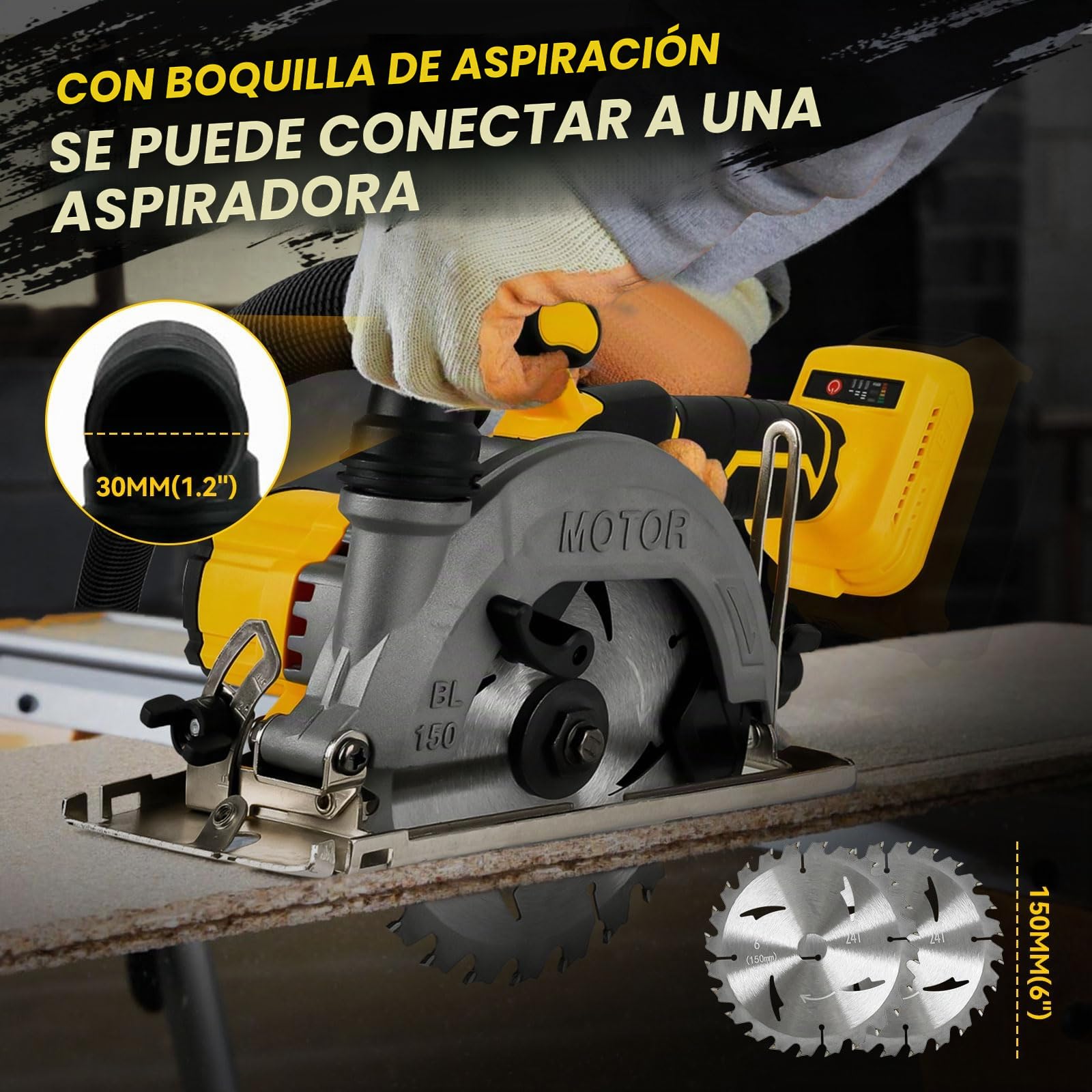 Sierra circular inalámbrica de 6 pulgadas compatible con batería Dewalt de 18 V (sin batería), sierra circular sin escobillas 6200 RPM con 2 hojas de sierra de 24 dientes, profundidad máxima de corte