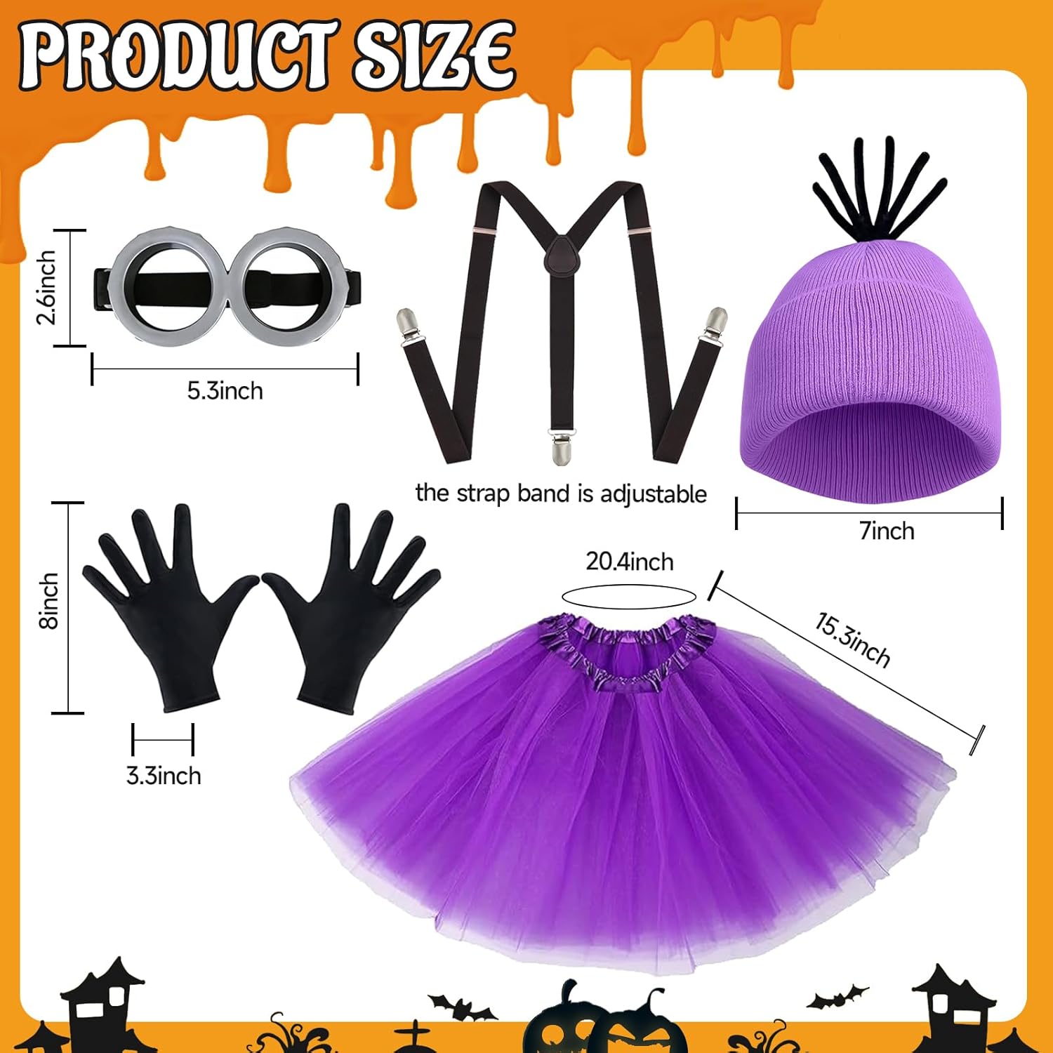 Halloween Costume Cosplay for Women Adult– Yellow or Purple Beanie, Tutu Dress, Goggles, Black Gloves & Suspenders - Image 3