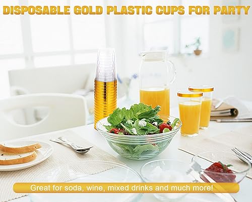 Miniatura 5 de BAYZZ Paquete de 200 vasos de plástico dorados, vasos de plástico transparente de 12 onzas, vasos de plástico con borde dorado, copas de vino