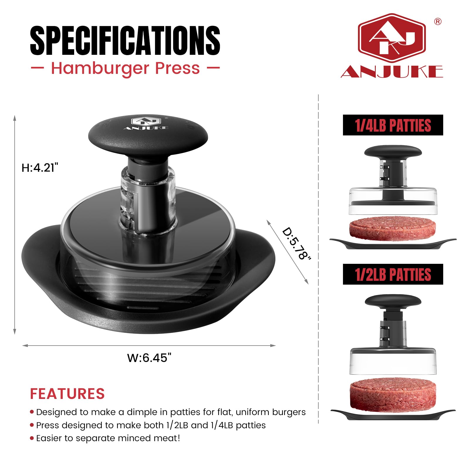 ANJUKE Burger Press, 6.4 inch Round Burger Smasher, 2 in 1 Non-Stick Burger Press Patty Maker for Making 1/2 lb and 1/4 lb BBQ Baking Stuffed Burgers Beef Burger(Black) — view 3
