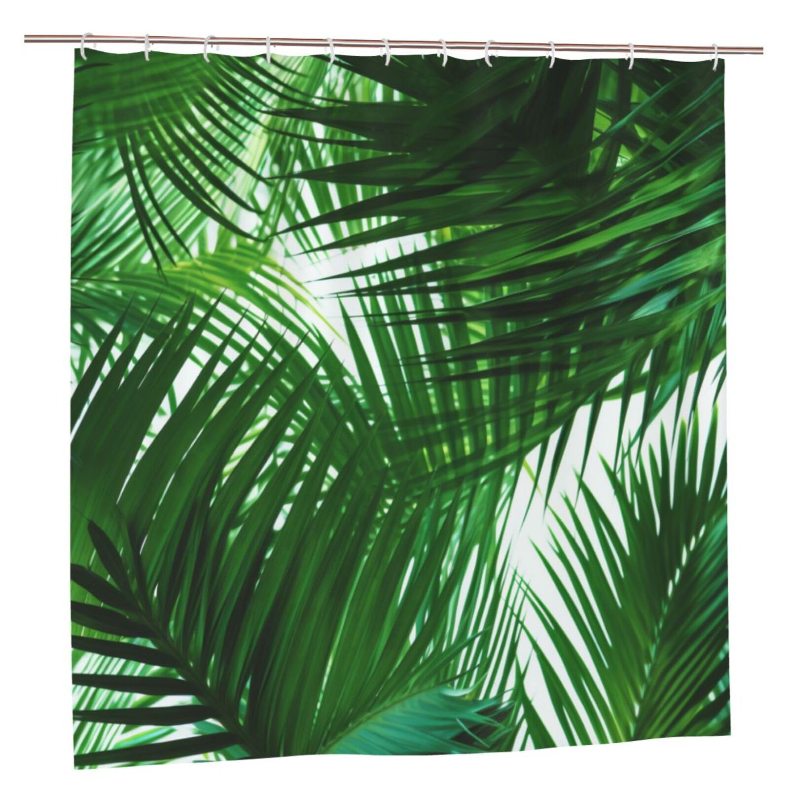 BWWHCCTI Palm Leaves Green Shades Printed Shower Curtain With 12 Plastic Hooks Opaque Quick Drying Waterproof Shower Curtains Sets For Bathroom 183x183 CM
