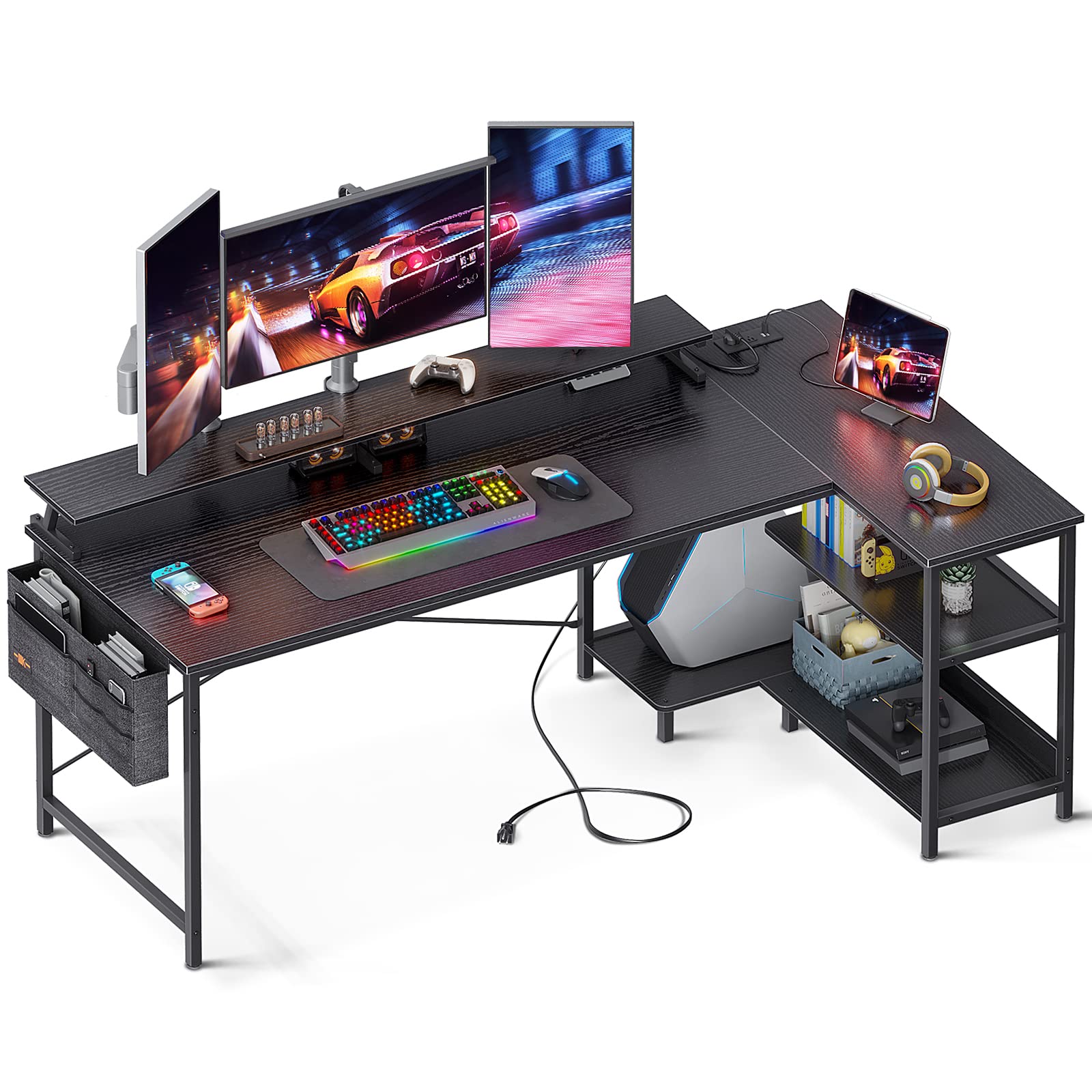 ODK L Shaped 66 Inch Computer Desk with USB Charging Port & Power Outlet, L-Shaped Corner Desk with Storage Shelves & Monitor Shelf for Home Office Workstation, Modern Writing Table, Black