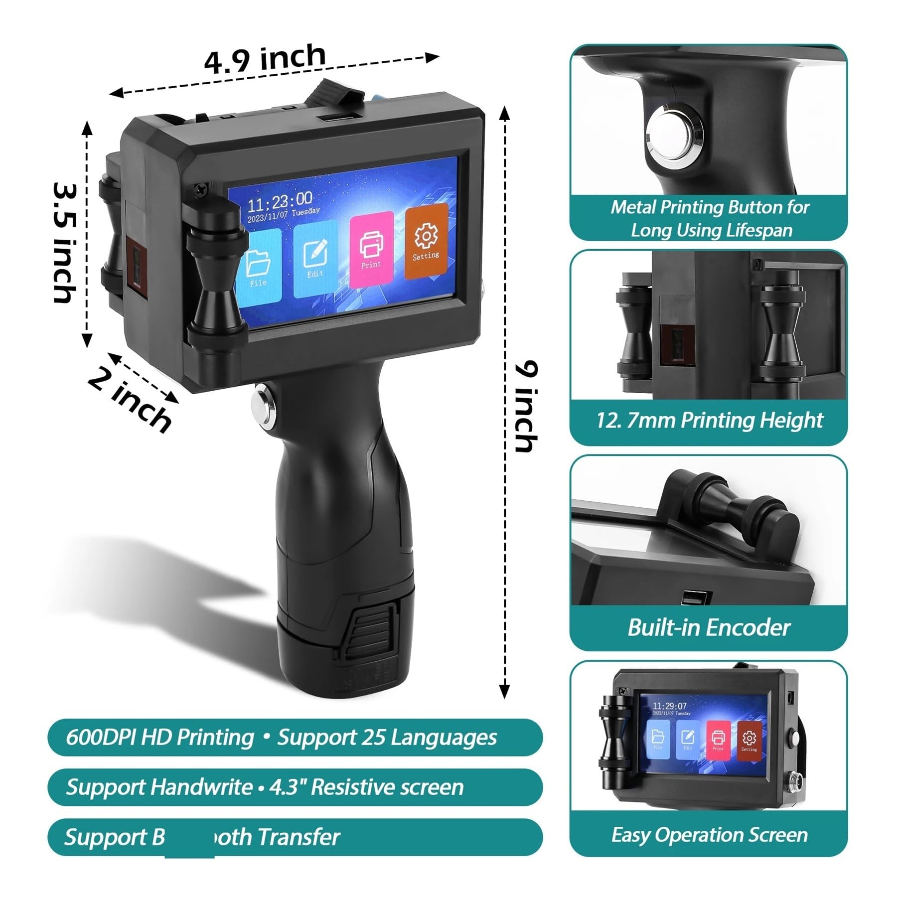 Pistola for stampante a getto d'inchiostro portatile da 12,7 mm con inchiostro ad asciugatura rapida for codice a barre QR, logo, data Su Cartone, Legno(Non Cartridge)