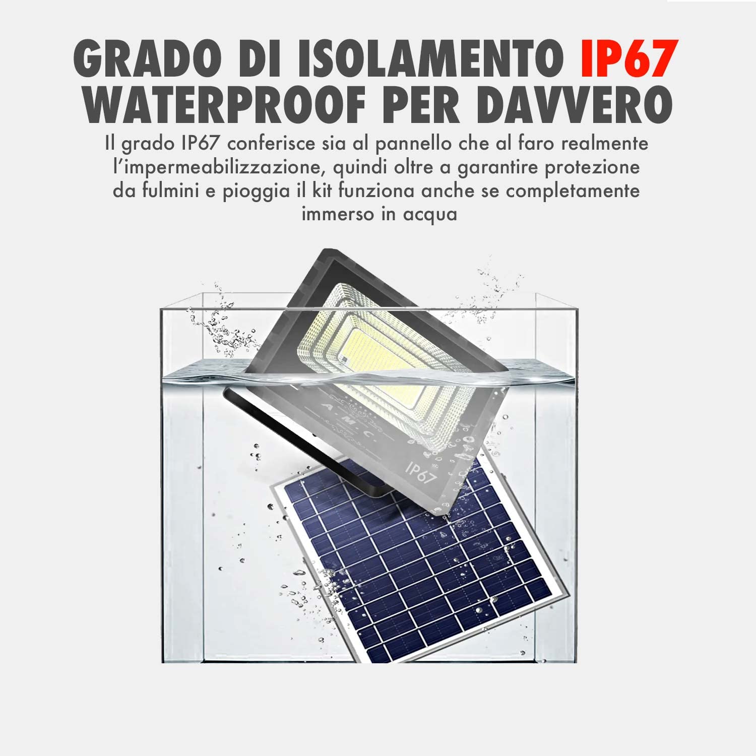 AMC Faro led esterno con pannello solare 800 Watt, luci solari, Lampade da parete per esterni, luci solari da giardino con pannello crepuscolare, angolo di illuminazione 120°, 5 m, isolamento IP67