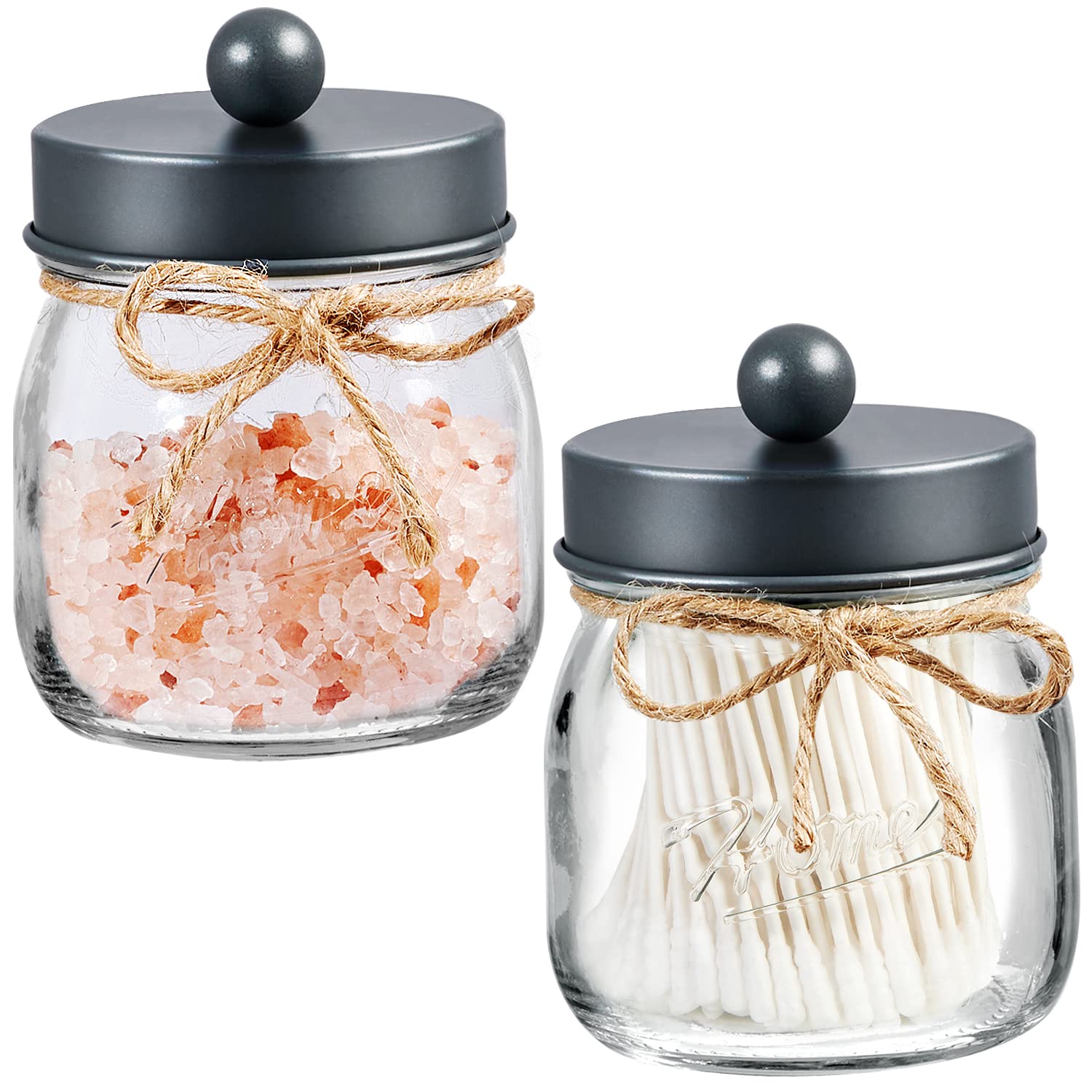 SheeChung Glass Qtip Holder Dispenser, Apothecary Jars Set, Bathroom Essentials for Cotton Swabs,Ball-Stainless Steel Lid - Gray, 2Pack