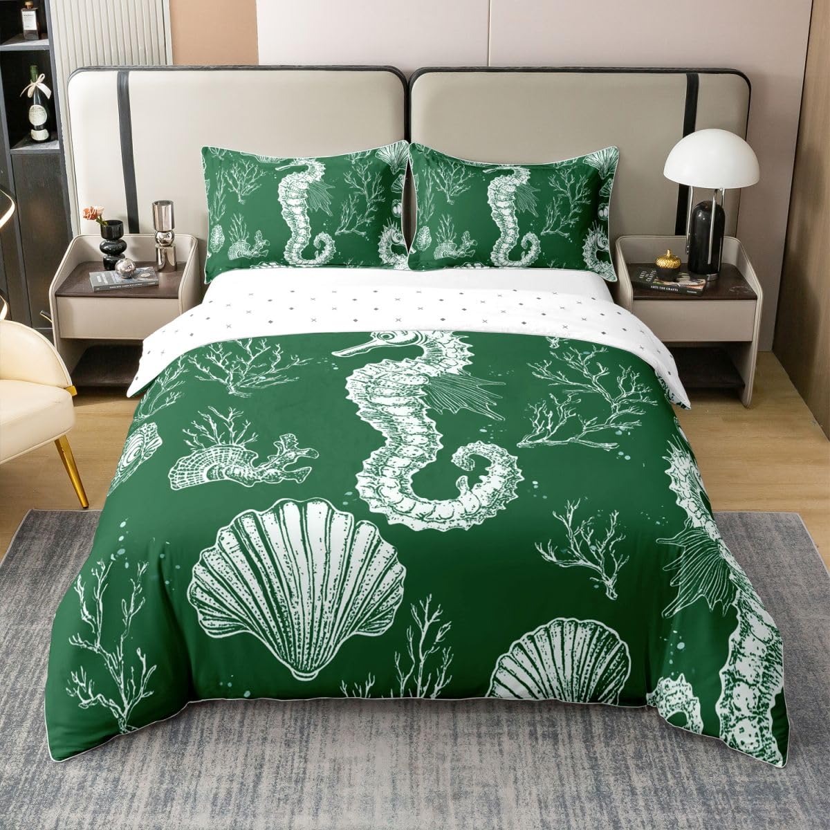 Housse de couette 220x240 coton vert Homewish avec parure de lit enfant hippocampe rétro