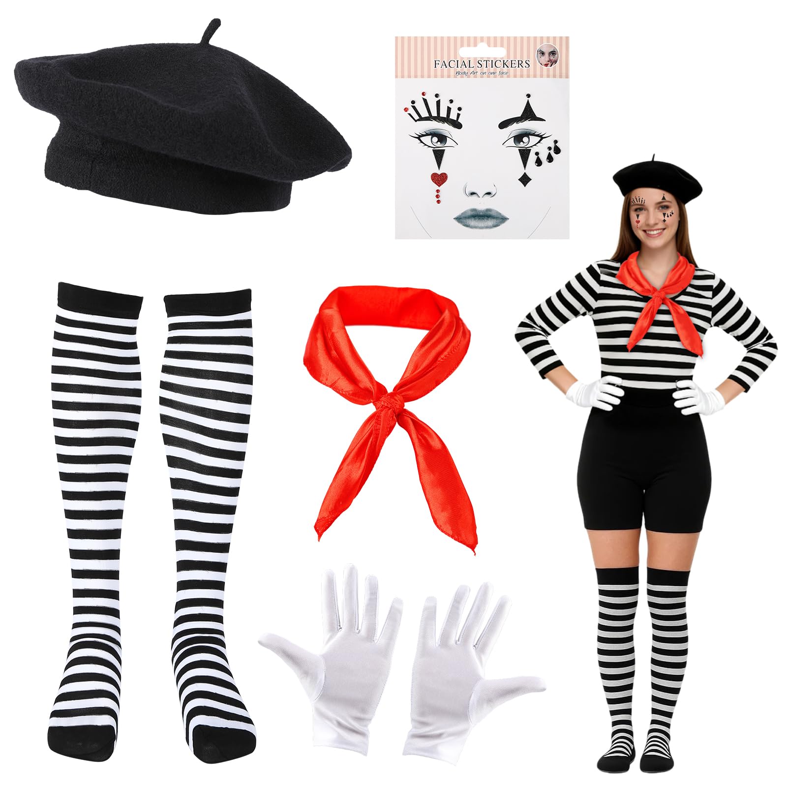Mimo Carnaval para Hombres Mujeres, Traje de Payaso de 5 Piezas Incluye Boina, Bufanda, Guantes, Calcetines a Rayas y Tatuaje Facial, Disfraz para Fiestas de Carnaval y Halloween.