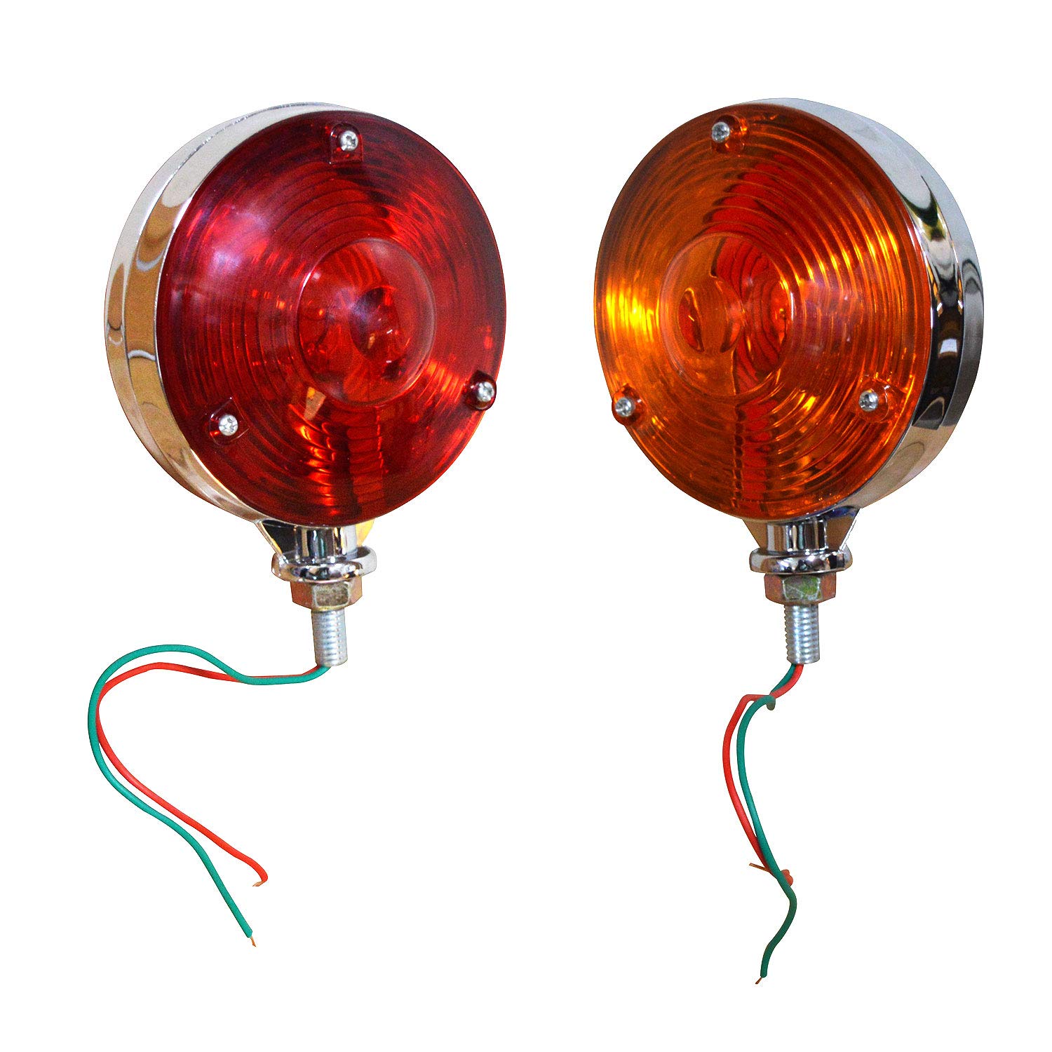 Bajato Waterproof Round Red/Amber Double Face Lights Assembly with 12v Bulbs Compatible for Truck Trailer SUV RV Fender Stop Turn Tail and Parking Light, Chrome Die Cast Housing