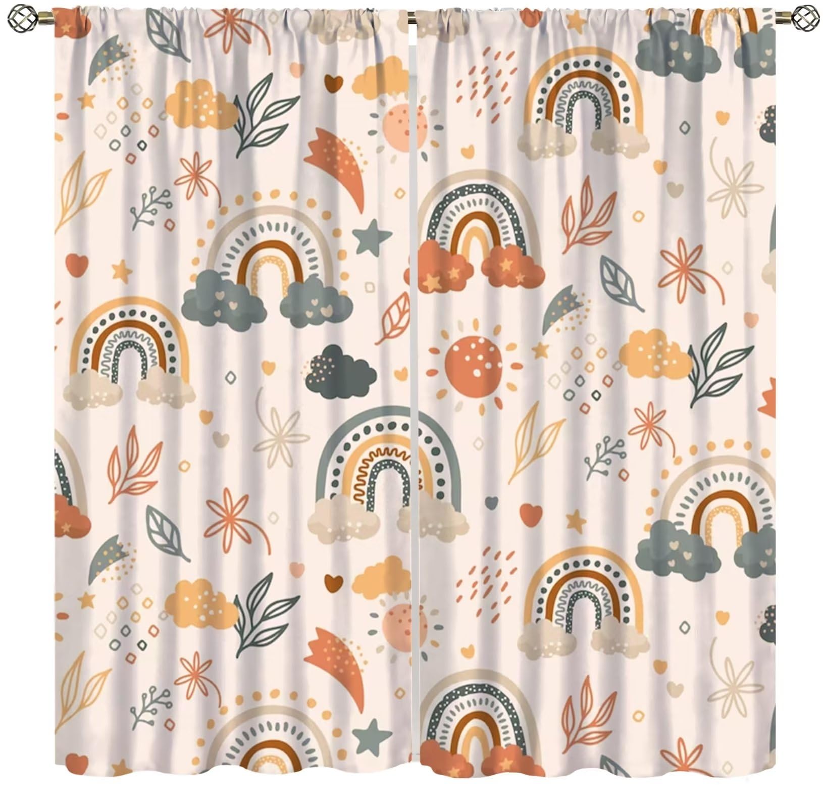 Kids Rainbow Curtains Cartoon Rainbow for Baby Boys Girls Playroom Brown Abstract Bohemia Lovely Stars Nursery Bedroom Window Drapes Treatment Fabric 42W x 45H Inch Decor