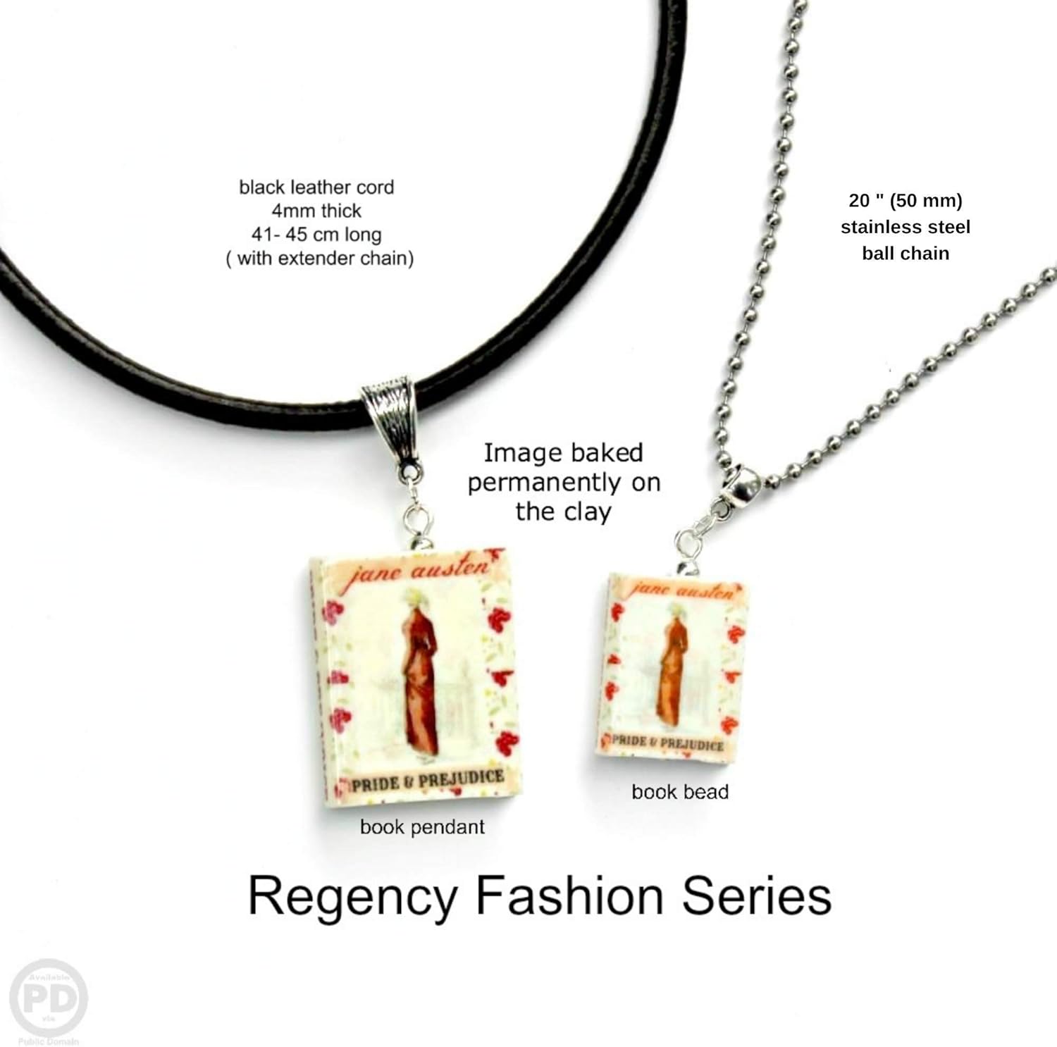 Pride and Prejudice Jane Austen Clay Mini Book Bead Pendant Necklace Chain Cord Extender Unisex