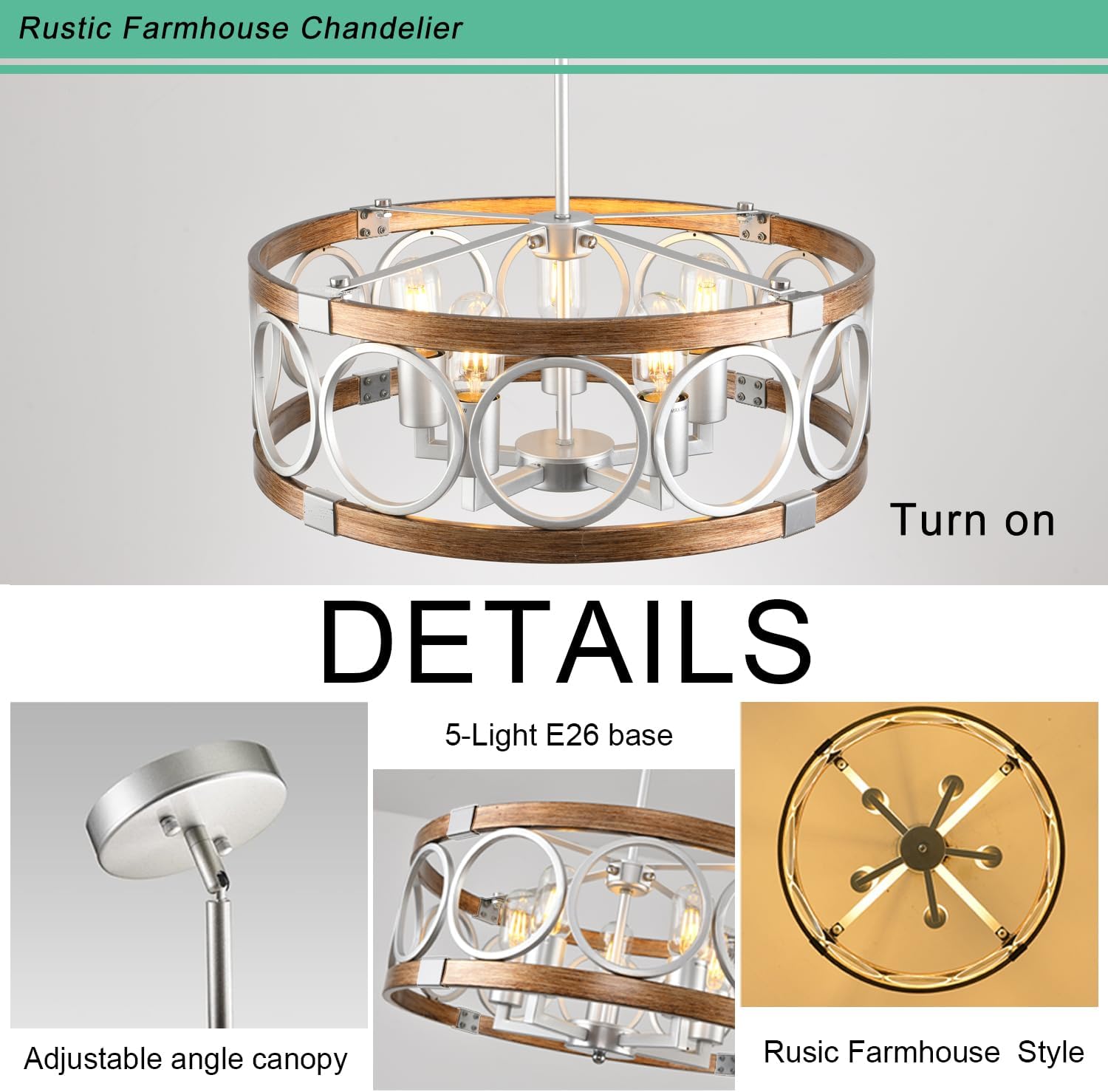 Flush Mount Ceiling Light Fixture Ceiling Mount,5 Light 19.7" Silver Drum Chandelier Rustic Farmhouse Chandelier Modern Pendant Light Fixtures for Kitchen Lighting Fixture