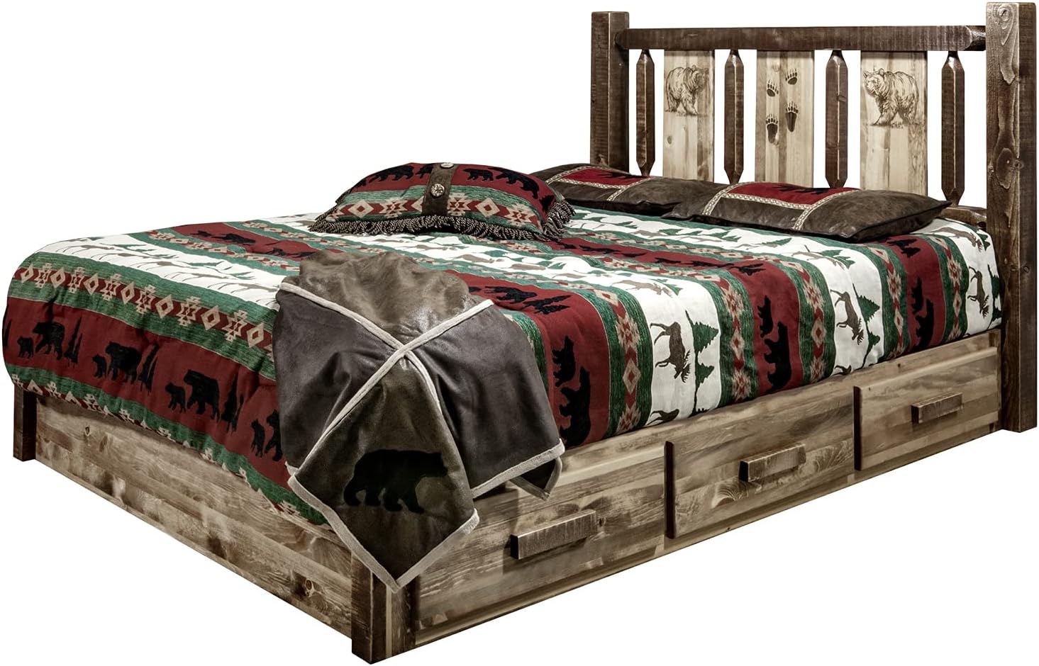 Montana Woodworks Homestead Wood Queen Platform Bed with Engraved Bear in Brown