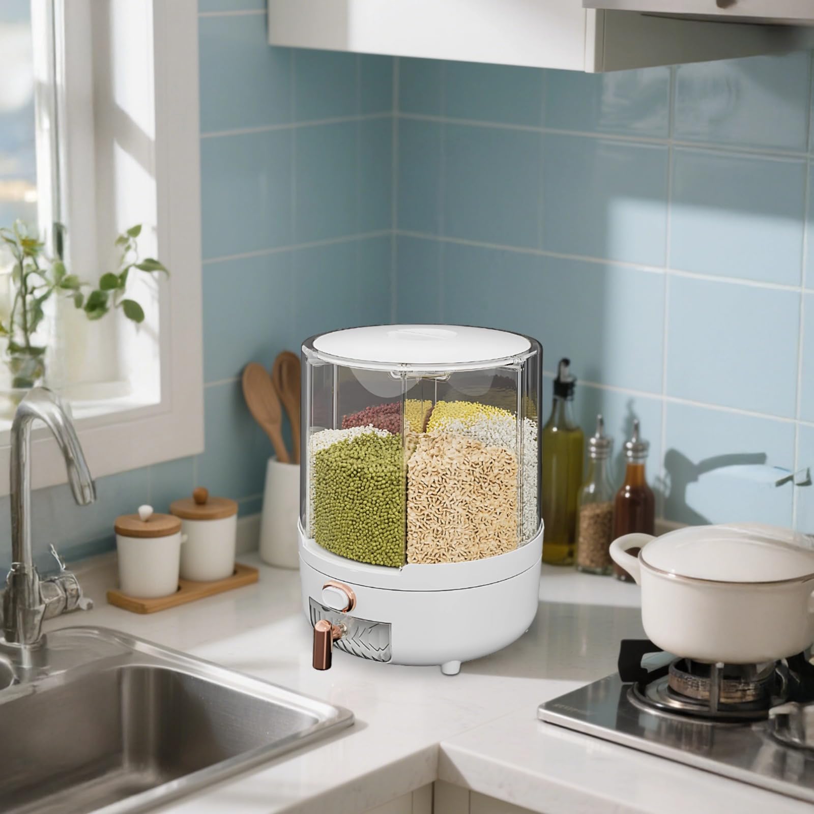 Dispenser per alimenti secchi con grande rotazione a 360 gradi, contenitore trasparente per cereali con tazza versante, contenitori per cereali, dispenser per farina per cucina dispensa, 6 scomparti