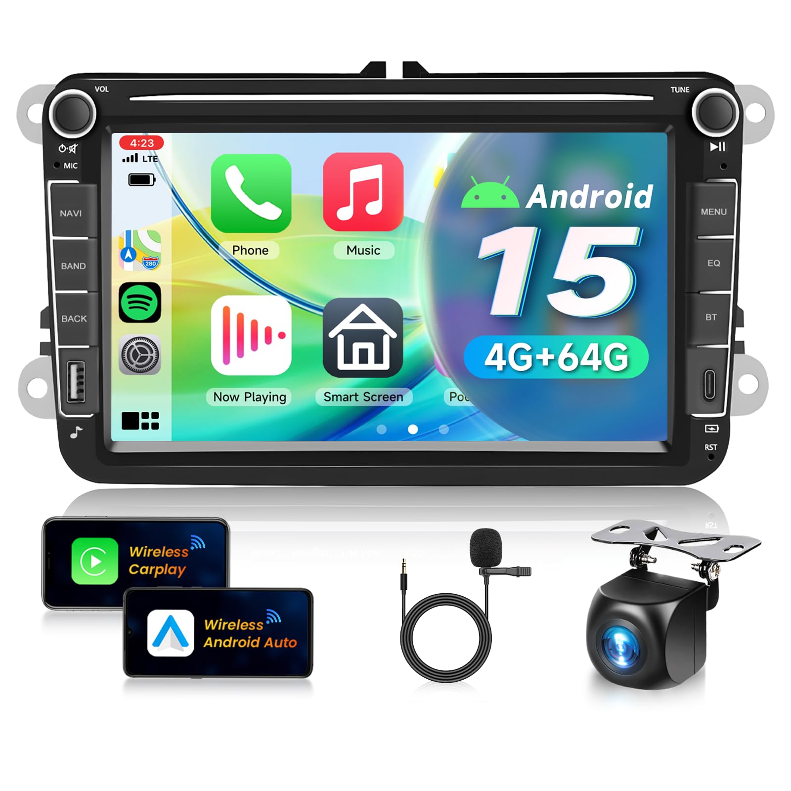 4G+64G Android 13 Double Din Car Stereo for Volkswagen SEAT Skoda Jetta Golf Polo Touran Support Wireless Carplay Android Auto, 8 Inch Touchscreen VW Car Radio with GPS, WiFi, Bluetooth, FM, 32 EQ