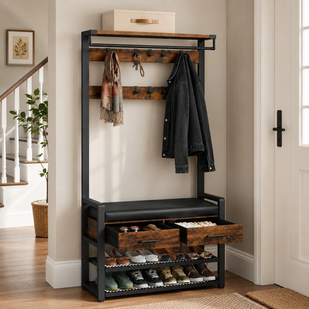Garderobe mit Sitzbank und Schuhregal – mit 2 Schubladen - Garderobenständer mit Kleiderstange, 8 Doppelhaken, 2 Schubladen und Schuhablage – Flurgarderobe mit Sitzfläche 80 x 32 x 181 cm