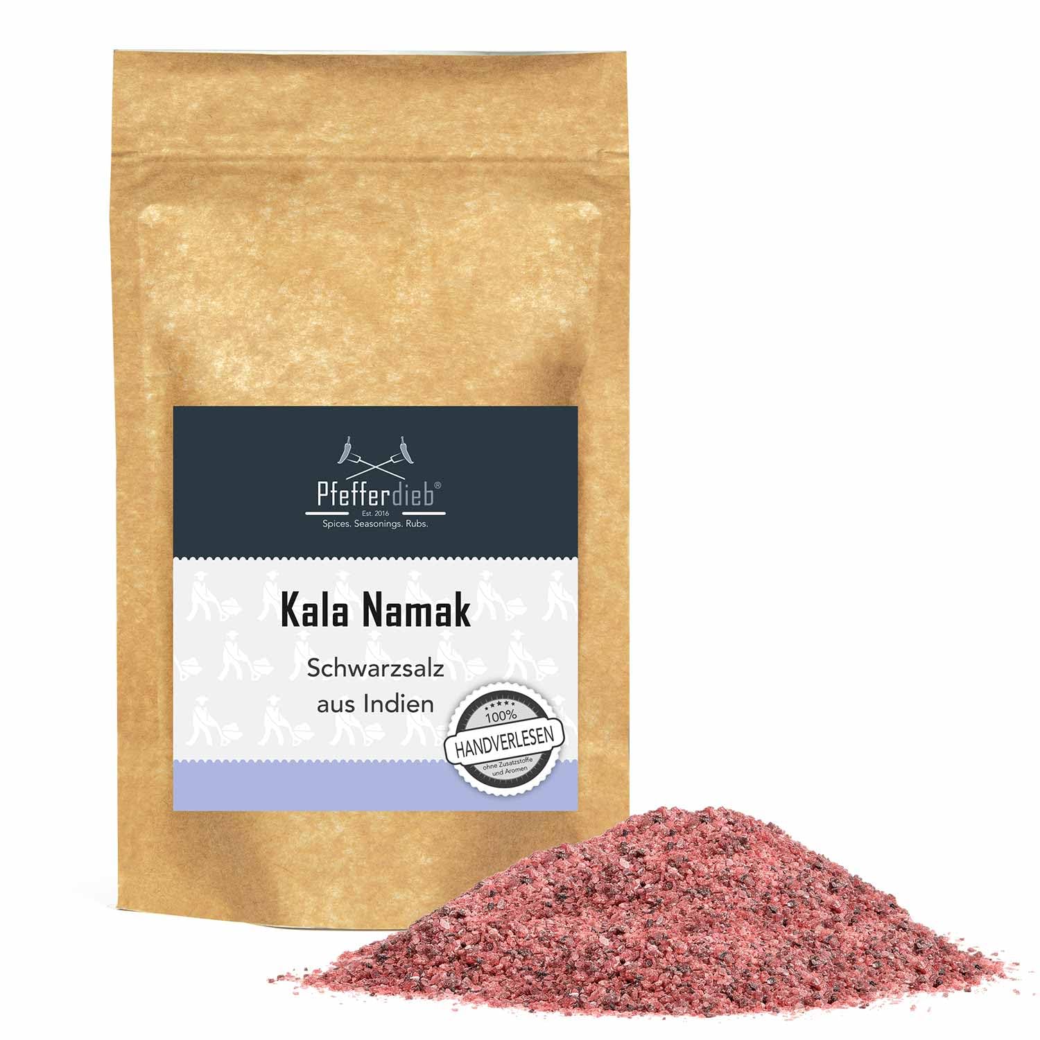 Original “Kala Namak” Steinsalz aus Indien fein, naturbelassenes Gourmetsalz/Schwarzsalz mit hohem Schwefelgehalt, 250g – Pfefferdieb®