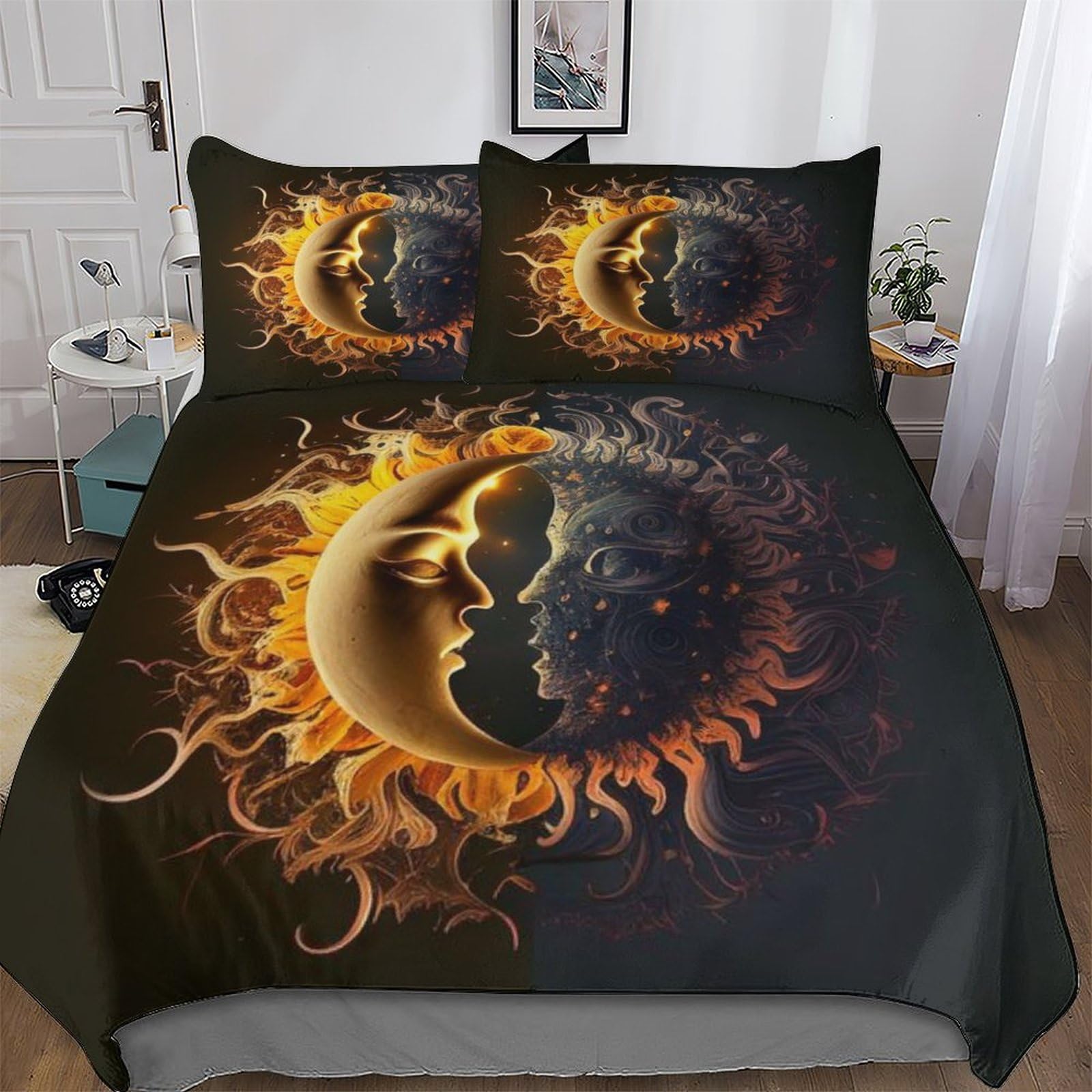 Housse de couette de qualité supérieure 220x240cm motif Soleil et Lune en microfibre