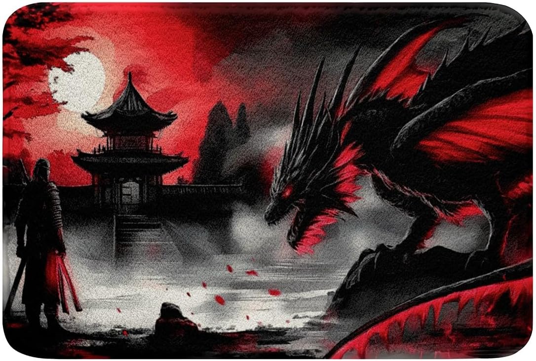 Erosebridal Western Dragon Bath Mat 16"x24",Japanese Samurai Bathroom Rug Set for Kids Boys Men,Red and Black Gothic Bath Rug Anime Style Door Mat Bathroom Decor