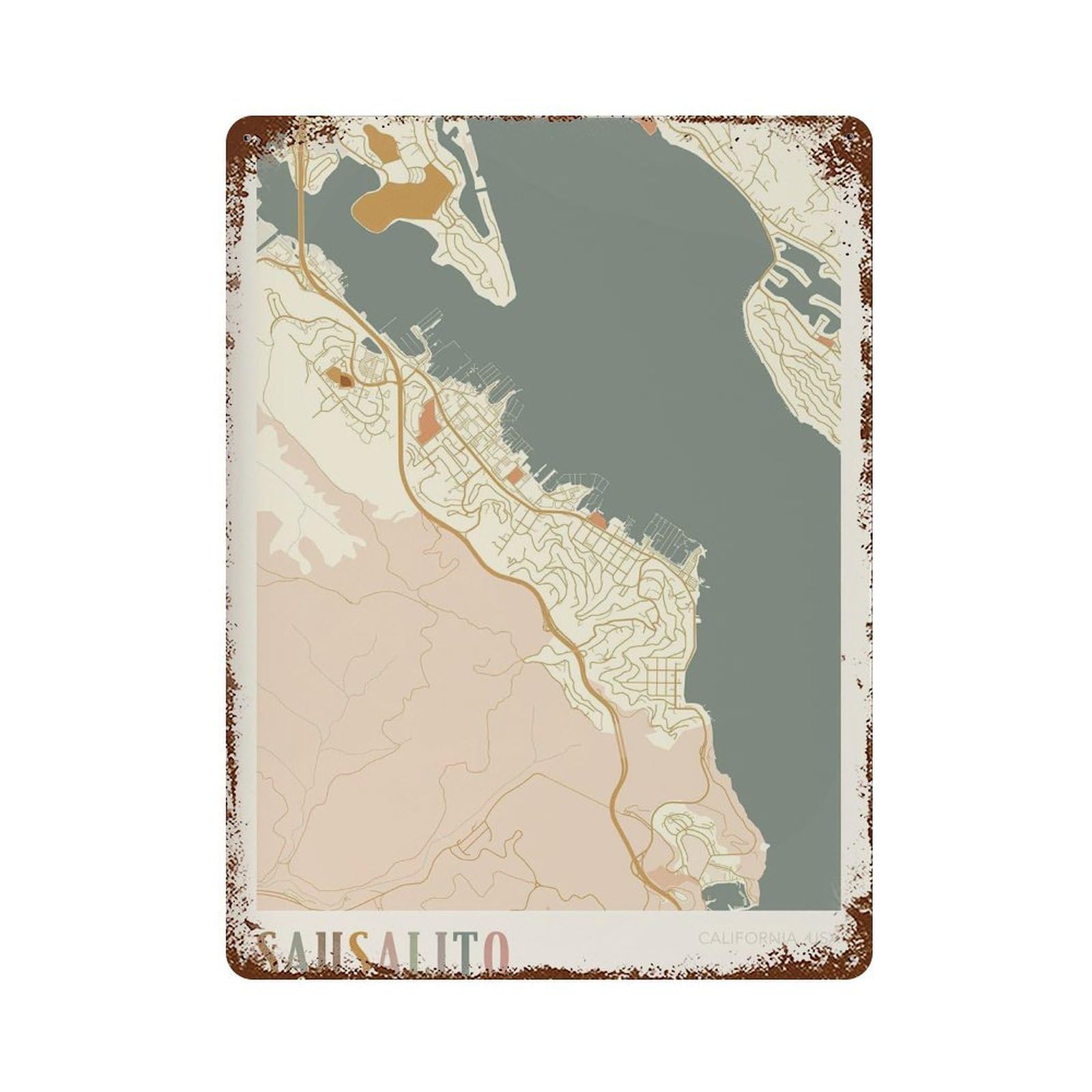 xiaoxiaoshen Sausalito Map California Travel Gift Boho Wall Decor Art Metal Tin Poster Modern Home Decor Art Home Bar Shop Decorations Vintage Sign 40x30cm