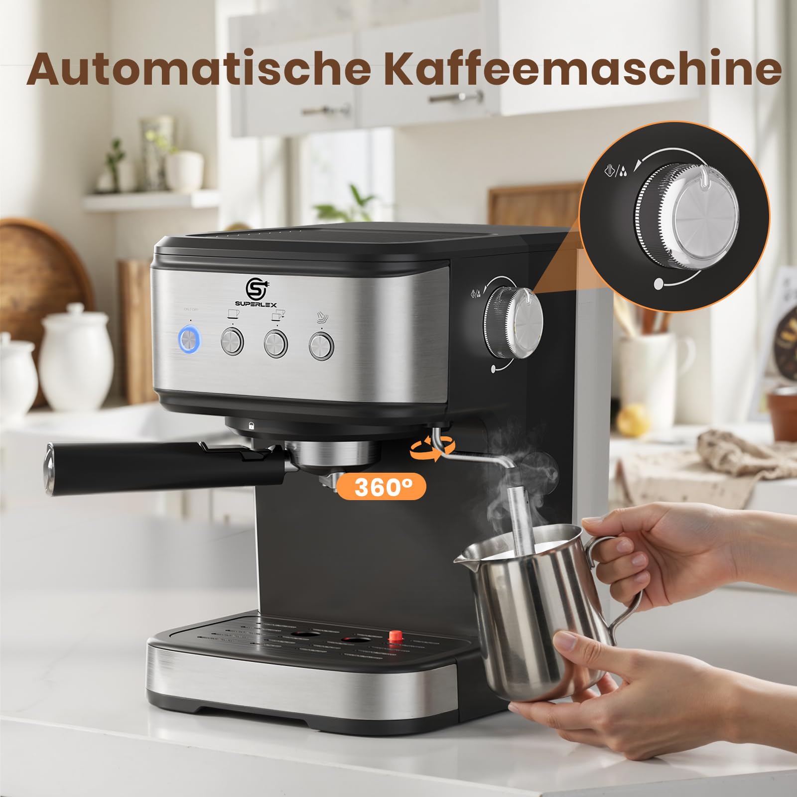 Porte-filtre pour machine à expresso, en acier inoxydable, 15 bars, pression 1100 W, pour machine à café expresso, cappuccino, latte, réservoir d'eau de 1,5 l, machine à café compacte