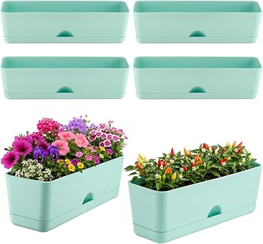 6 Pack Rectangle Planter 16x4.4 Inch Window Boxes Planters Rectangular Window Sill Planters Indoor Self Watering Plant Pots with Drainage Holes and Saucers Succulent Herb Flower Pots, Blue