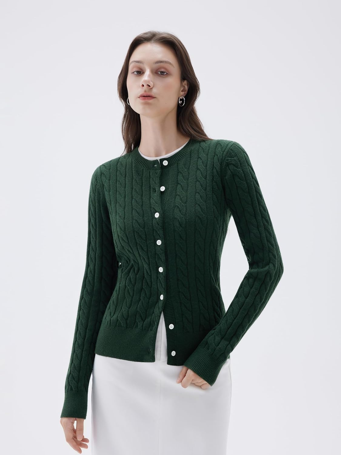 SUUKSESS Women Cable Knit Cashmere Blend Sweaters Crew Neck Button Up Chunky Cardigan Long Sleeve Fall Outfits - Image 2