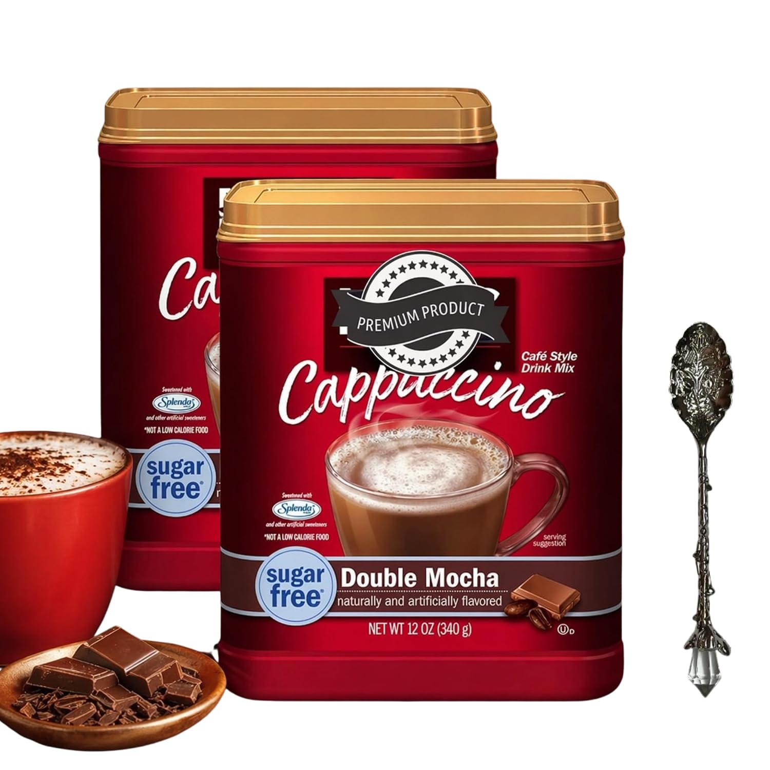 Sugar Free Double Mocha Cappuccino Drink Mix, 12 oz Canisters Pack of 2, Café Style Flavored Instant Beverage Mix for Hot or Iced Drinks with D.A. Coffee Gem Spoon