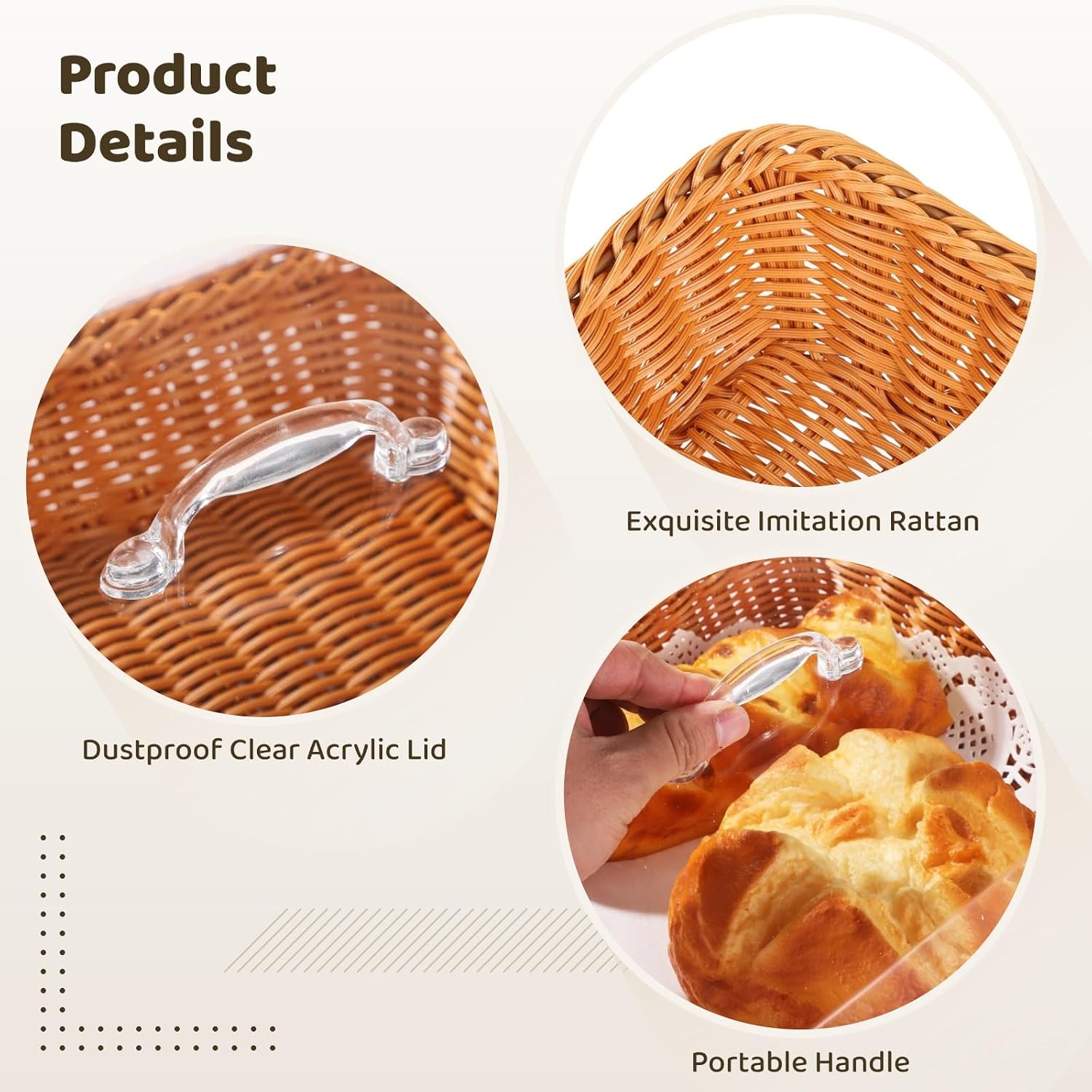 2 Pcs Imitation Rattan Square Bread Baskets with Clear Acrylic Lids, Food Serving Tray Set with 150 Lace Doilies and 2 Stainless Steel Tongs